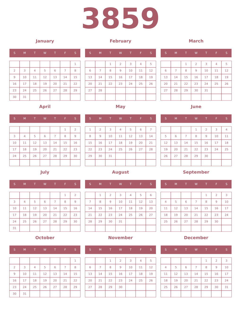 Printable 3859 Year Calendars puce