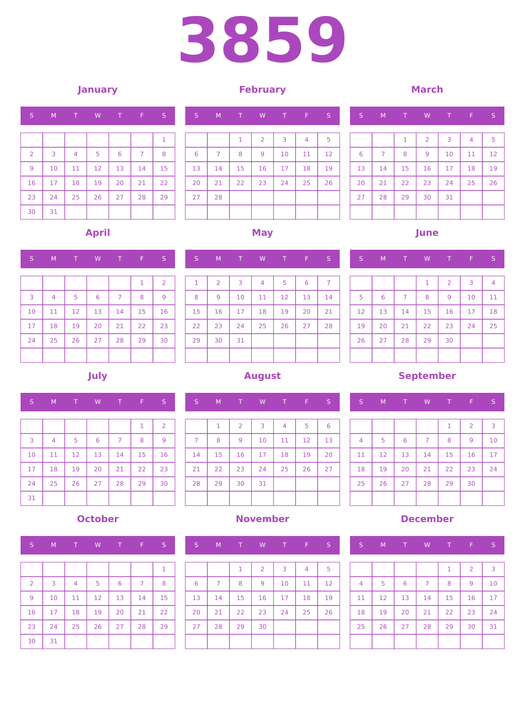 Printable 3859 Year Calendars purple
