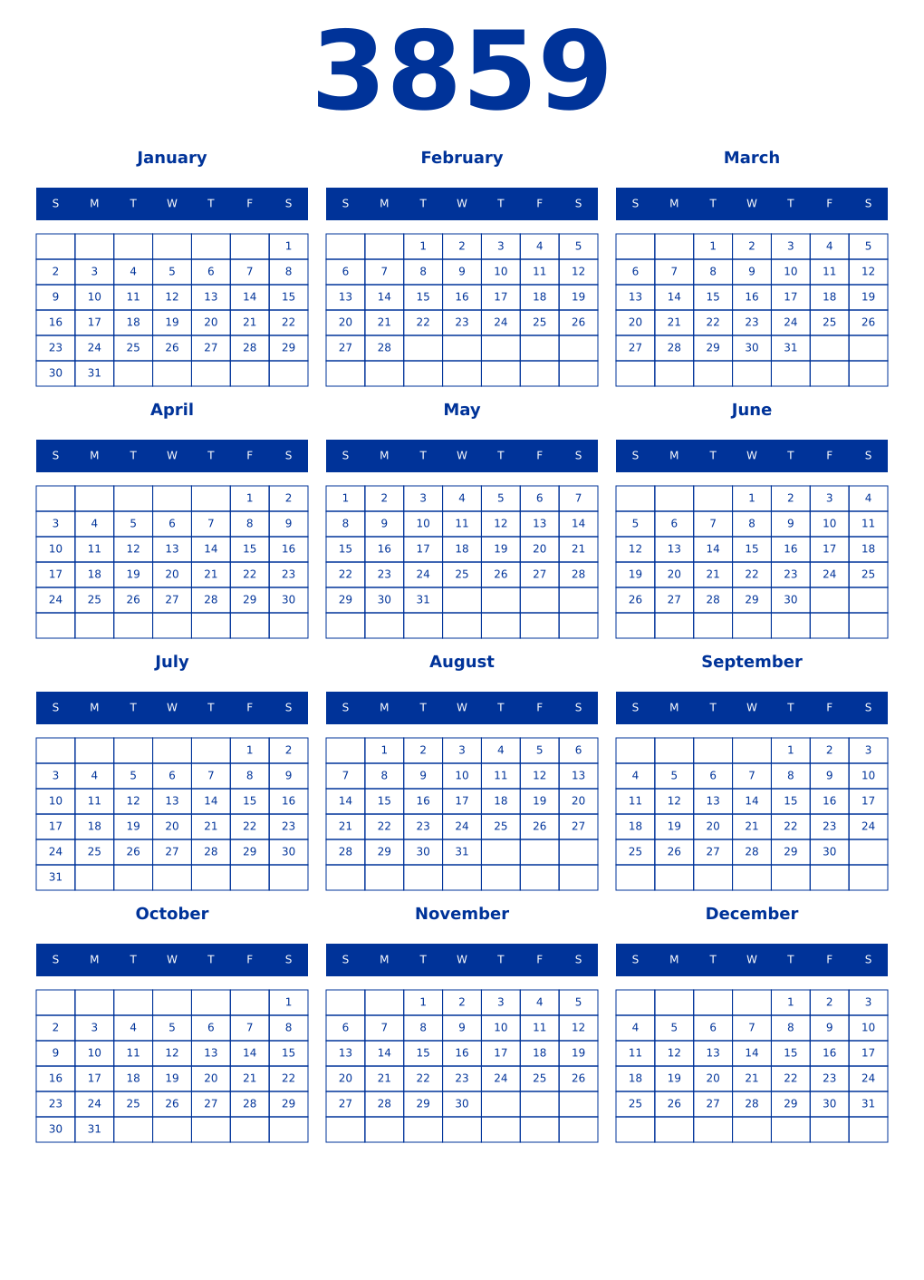 Printable 3859 Year Calendars smalt