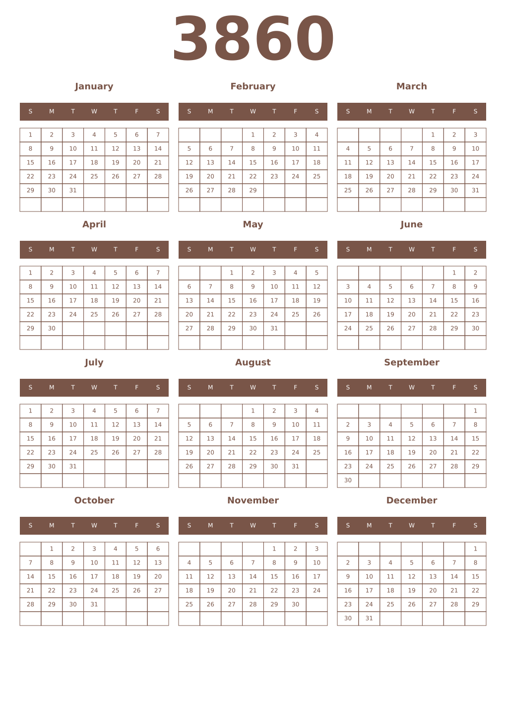 Printable 3860 Year Calendars coffe