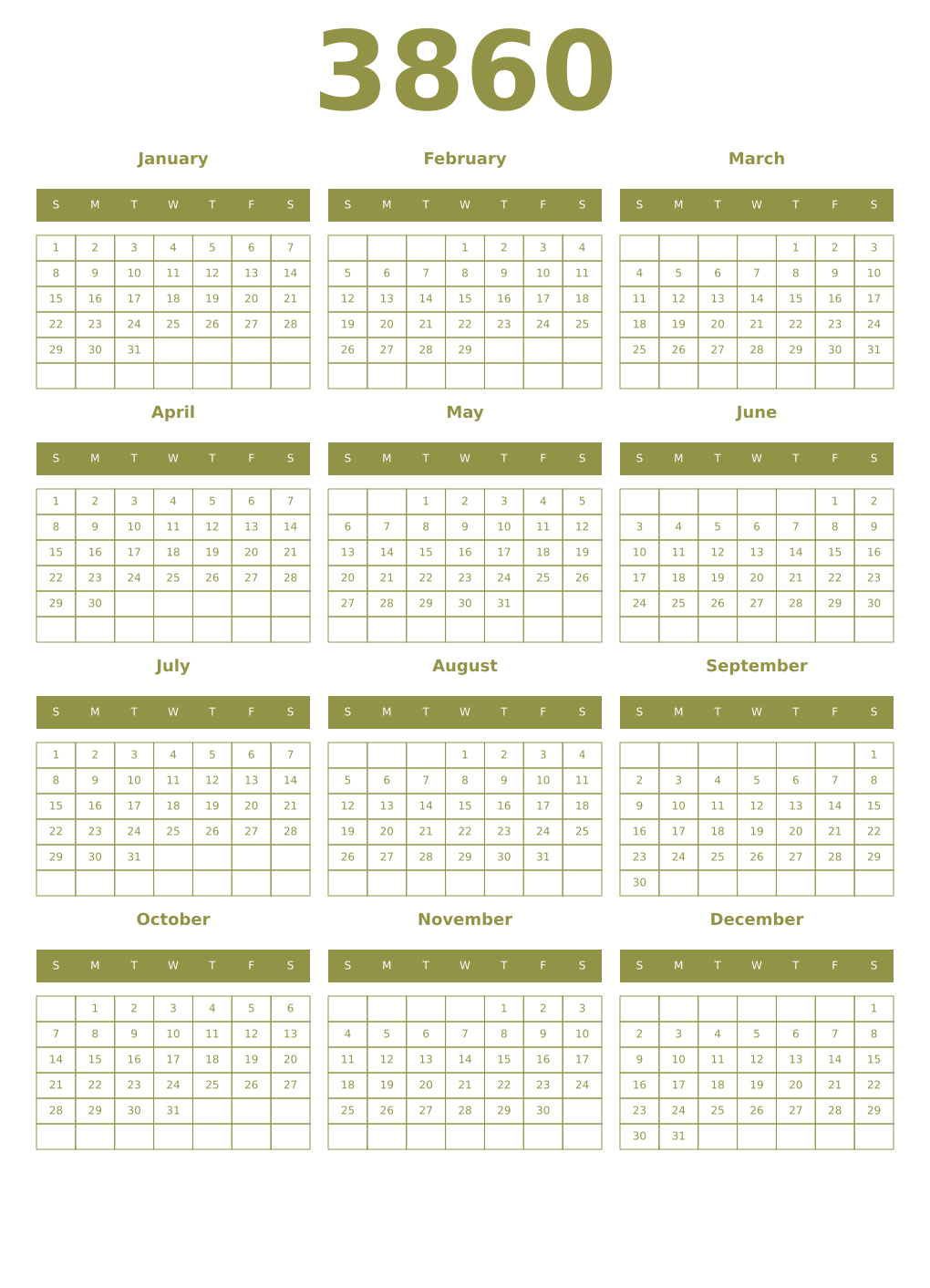 Printable 3860 Year Calendars eburnean