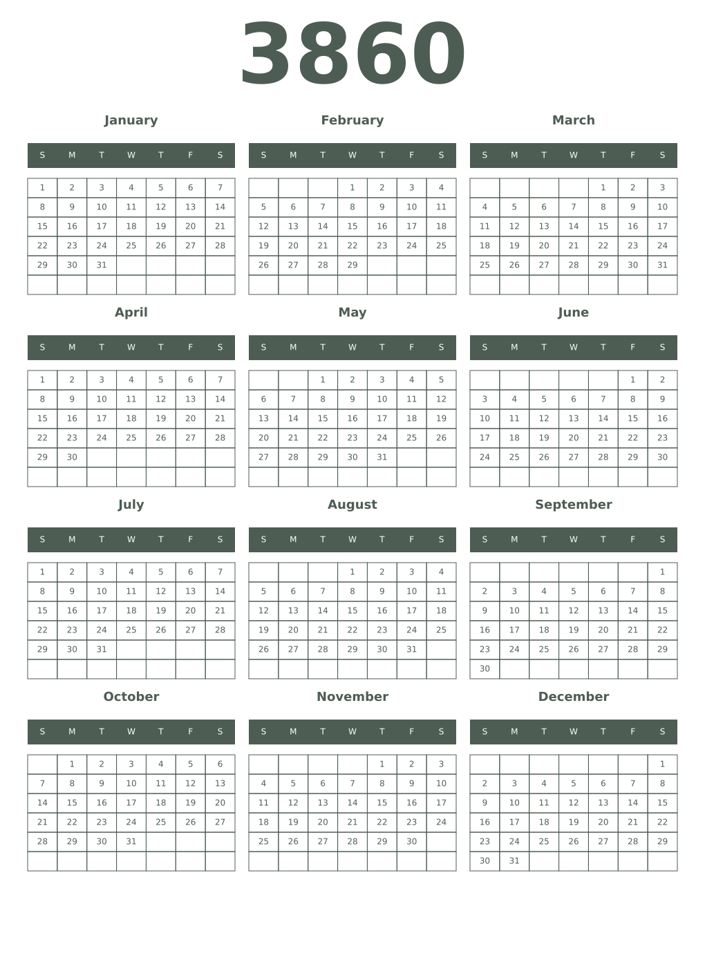 Printable 3860 Year Calendars feldgrau
