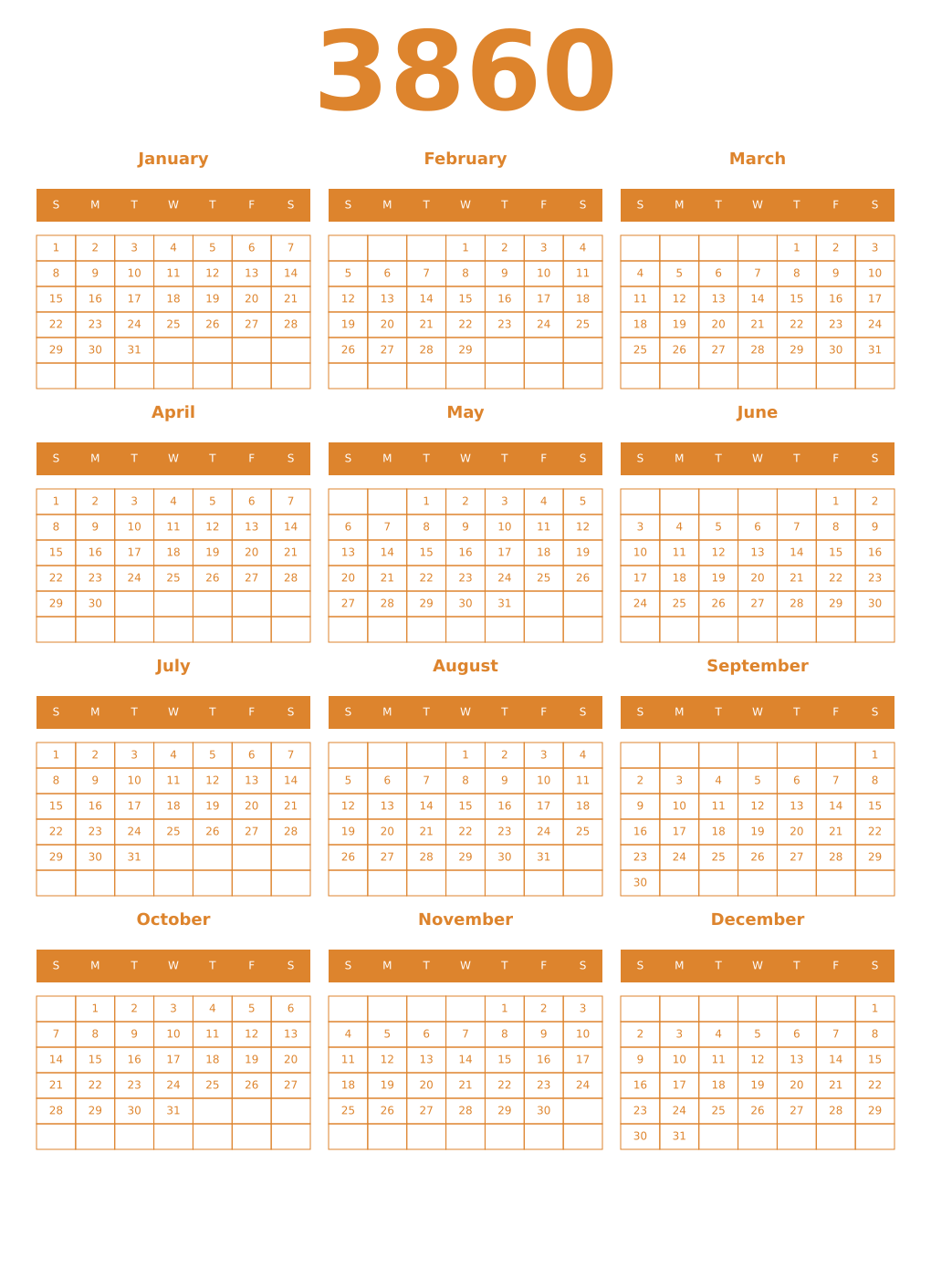 Printable 3860 Year Calendars orange