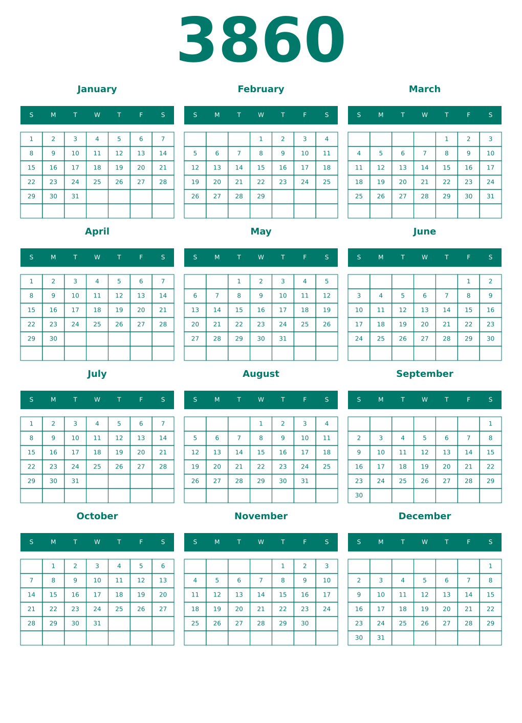 Printable 3860 Year Calendars pastel