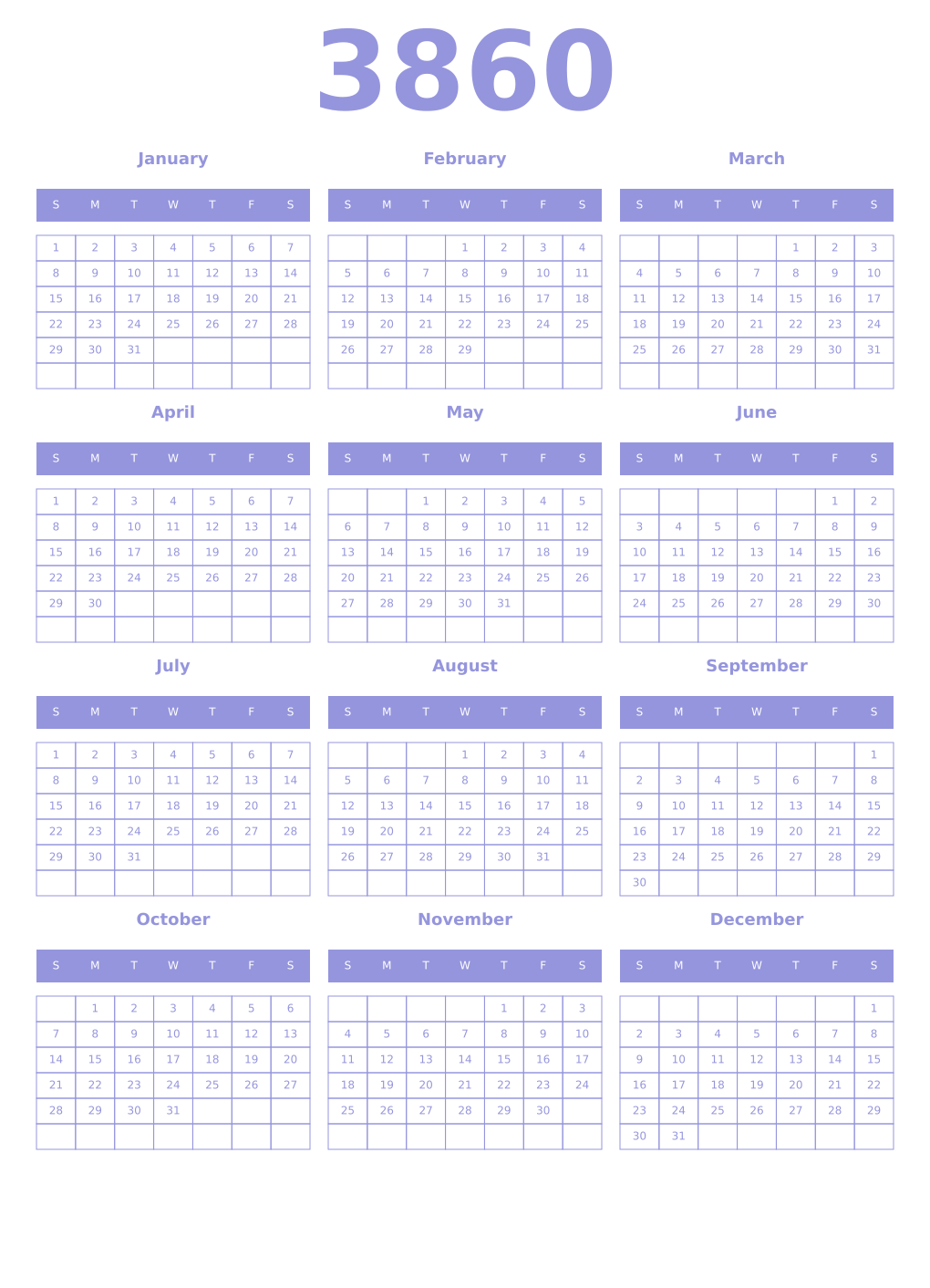 Printable 3860 Year Calendars periwinkle