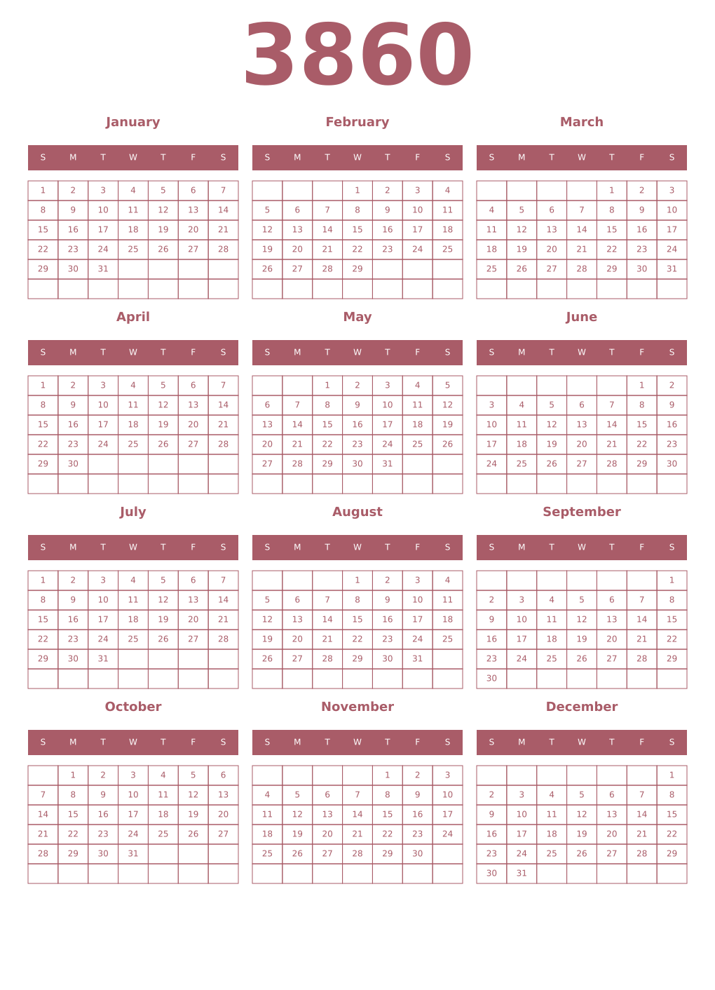 Printable 3860 Year Calendars puce