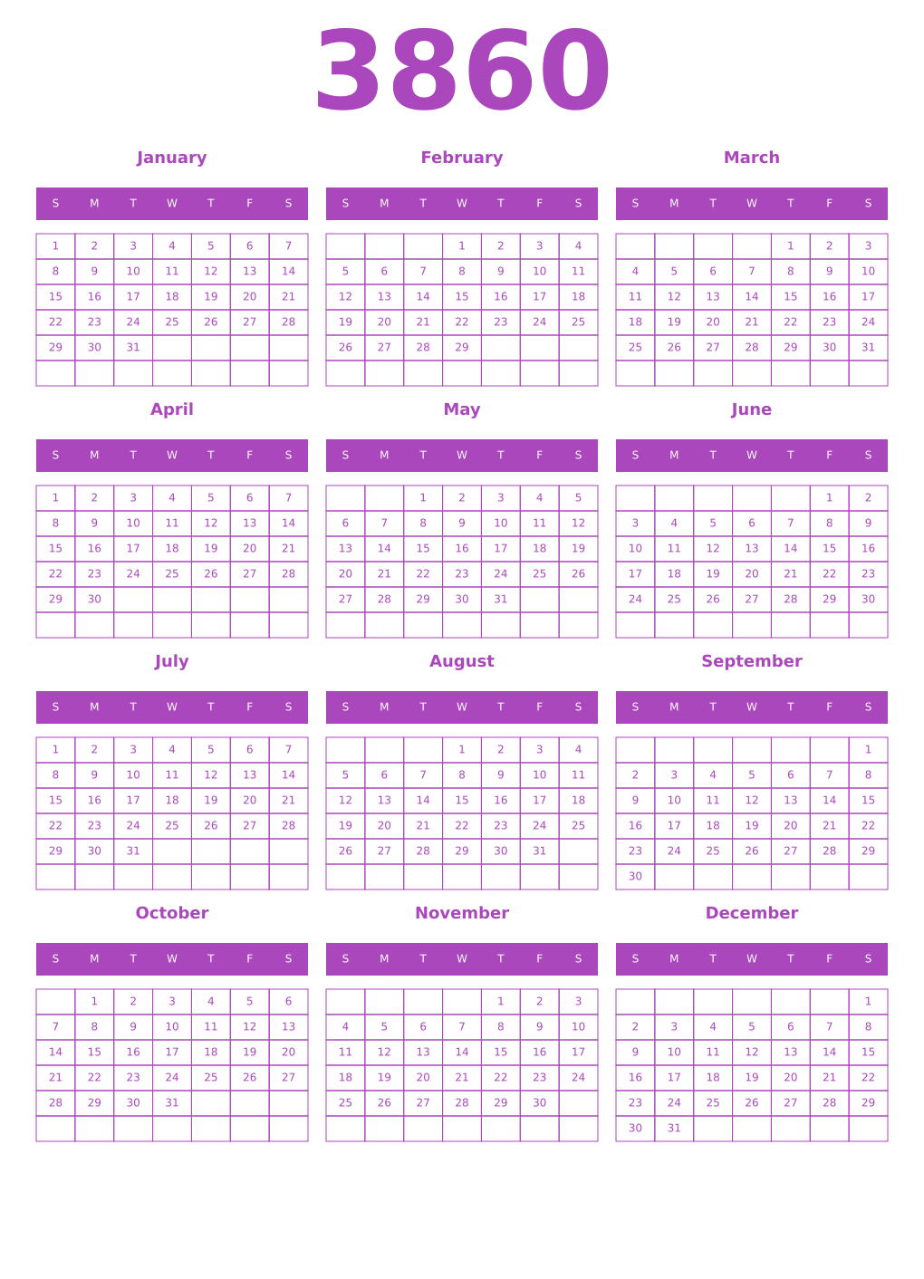 Printable 3860 Year Calendars purple