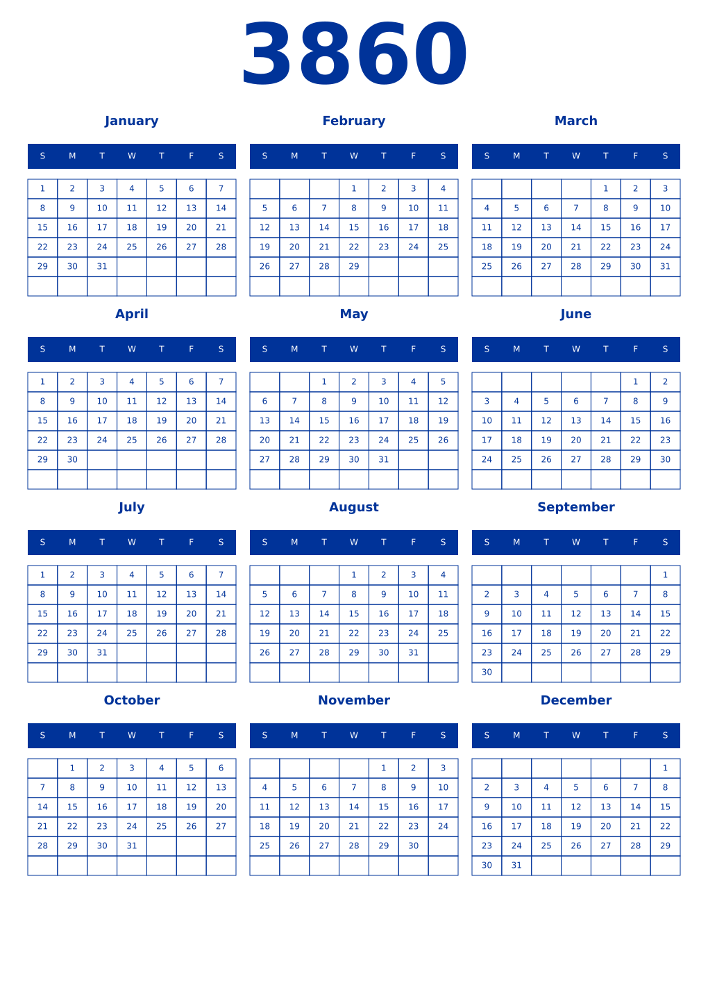 Printable 3860 Year Calendars smalt