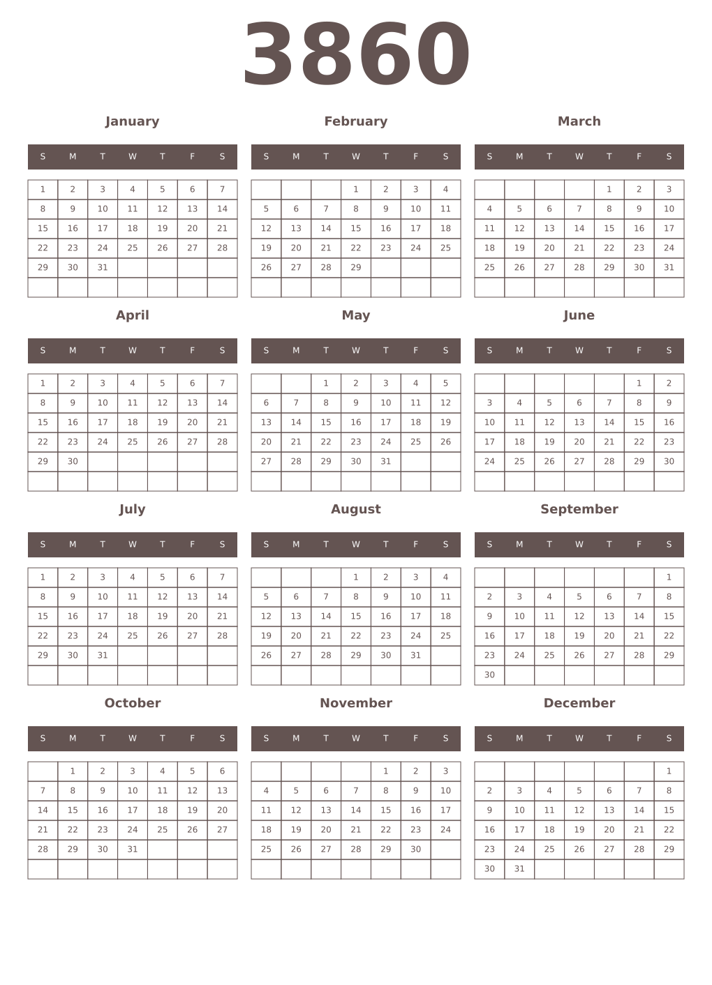 Printable 3860 Year Calendars wenge