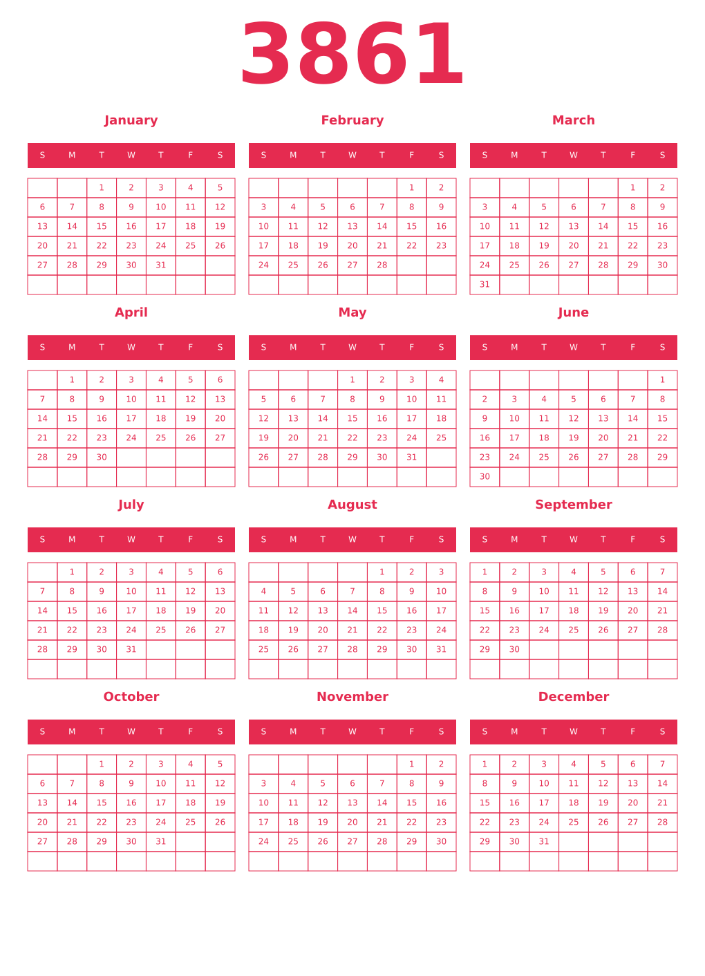 Printable 3861 Year Calendars amaranth