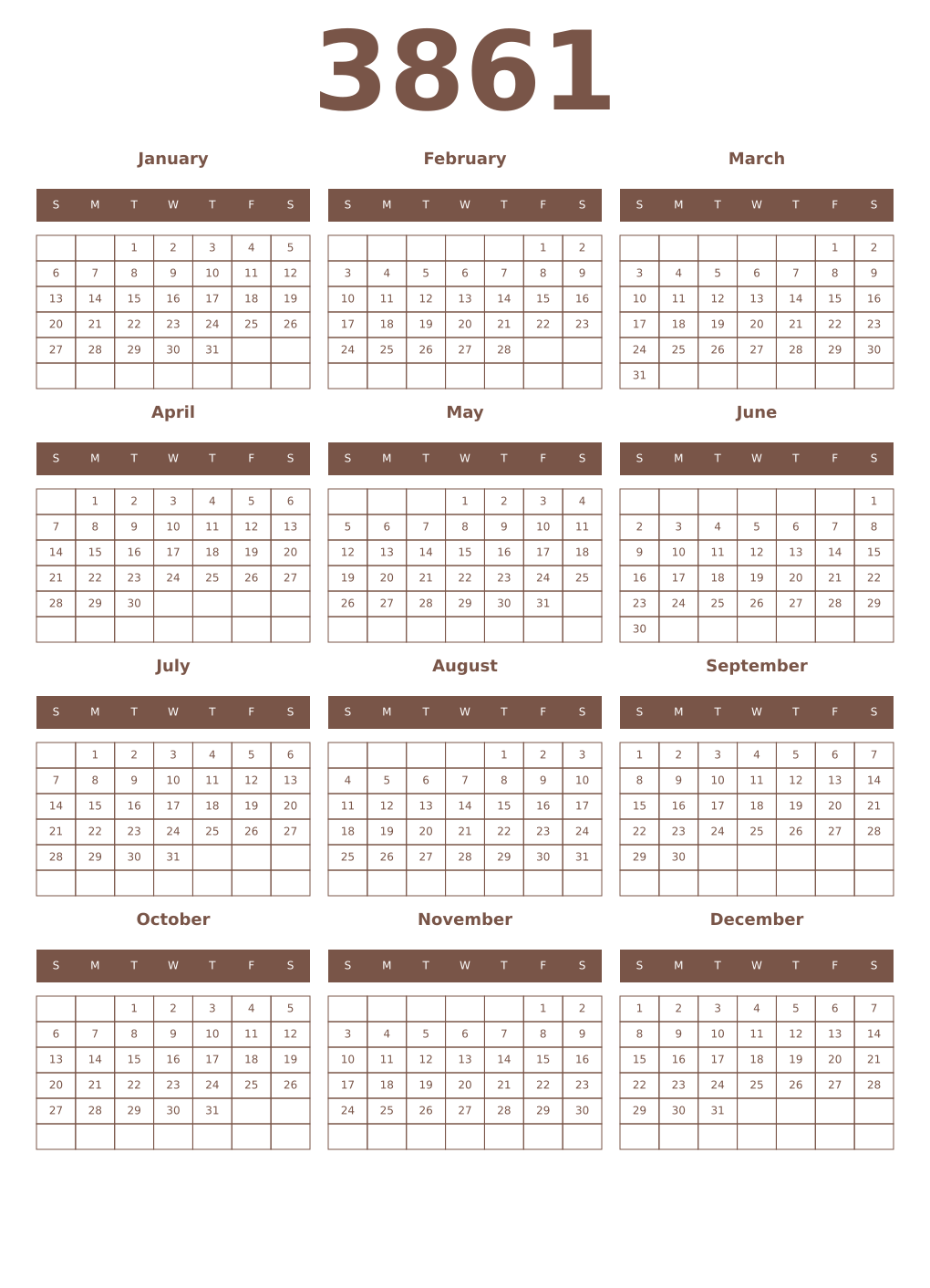 Printable 3861 Year Calendars coffe