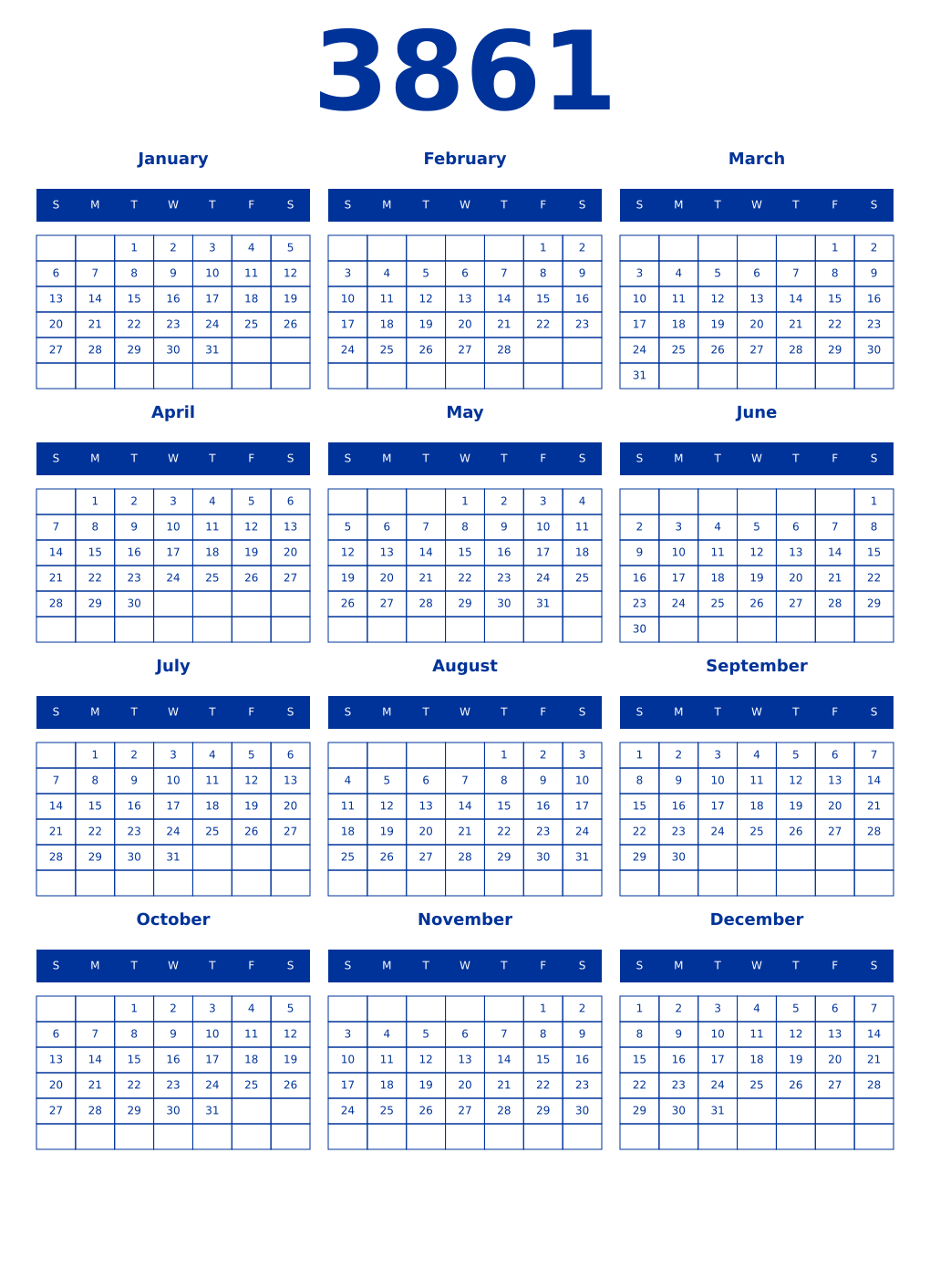 Printable 3861 Year Calendars smalt