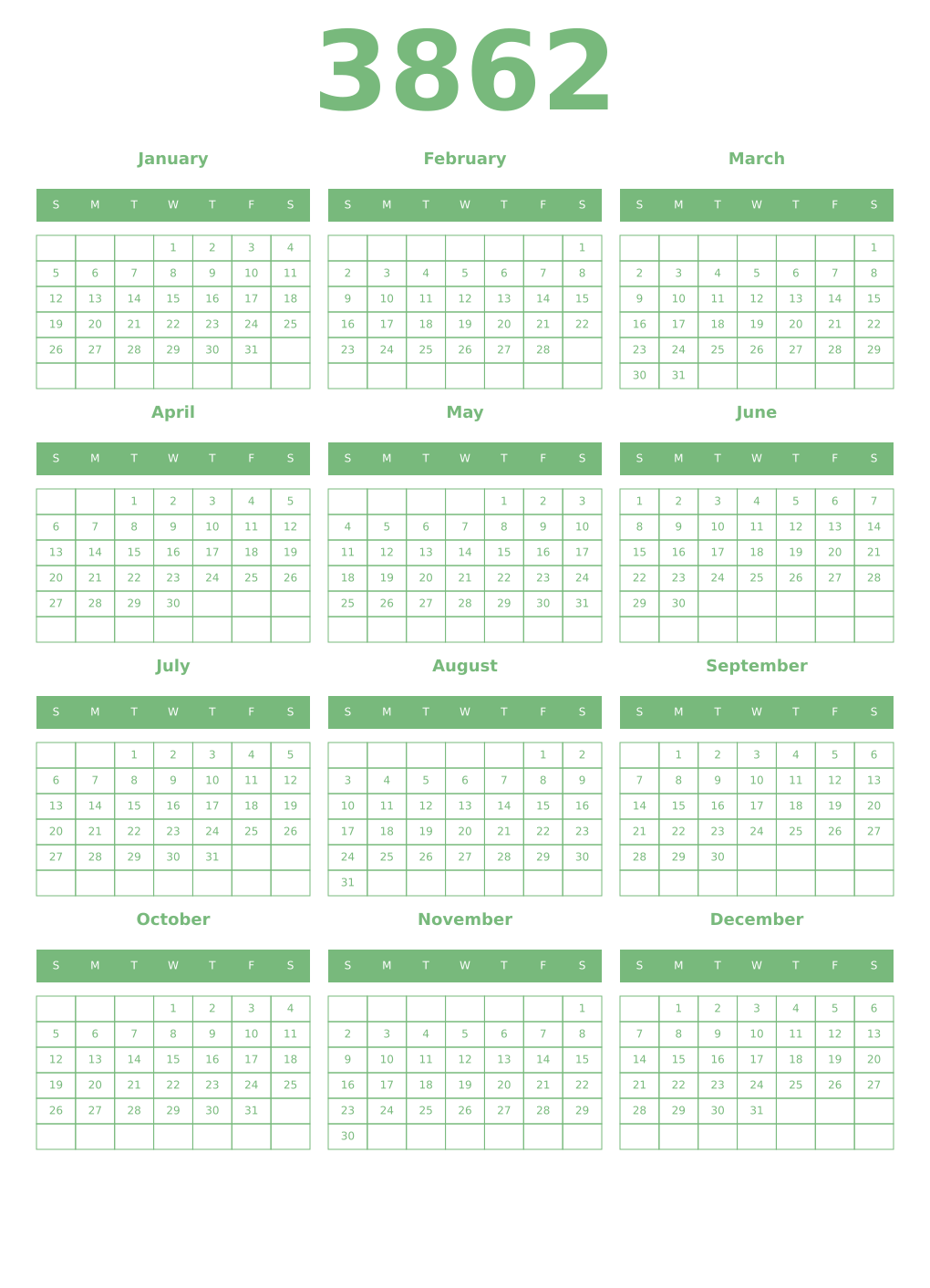 Printable 3862 Year Calendars celadon