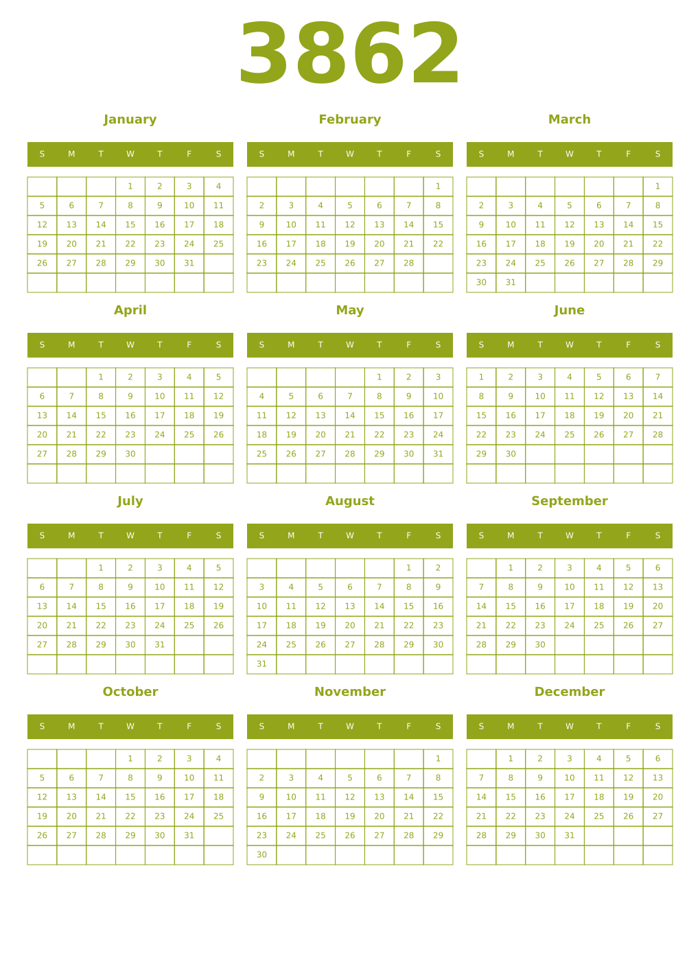 Printable 3862 Year Calendars chartreuse