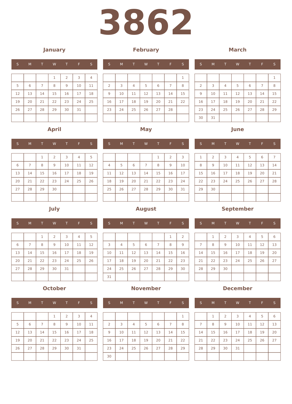 Printable 3862 Year Calendars coffe