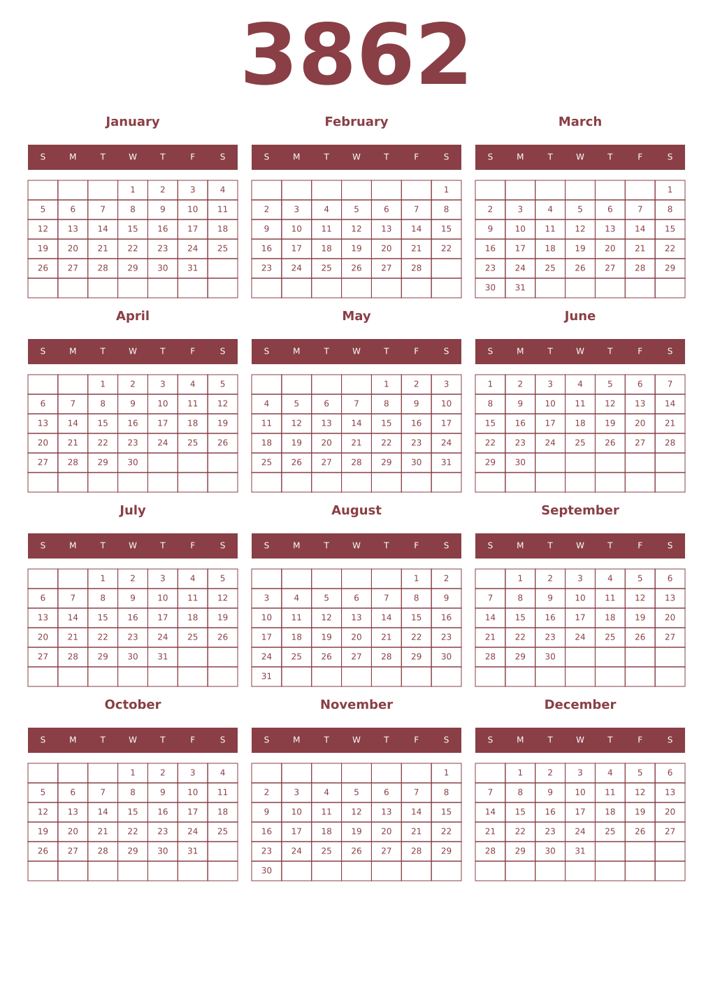 Printable 3862 Year Calendars cordovan