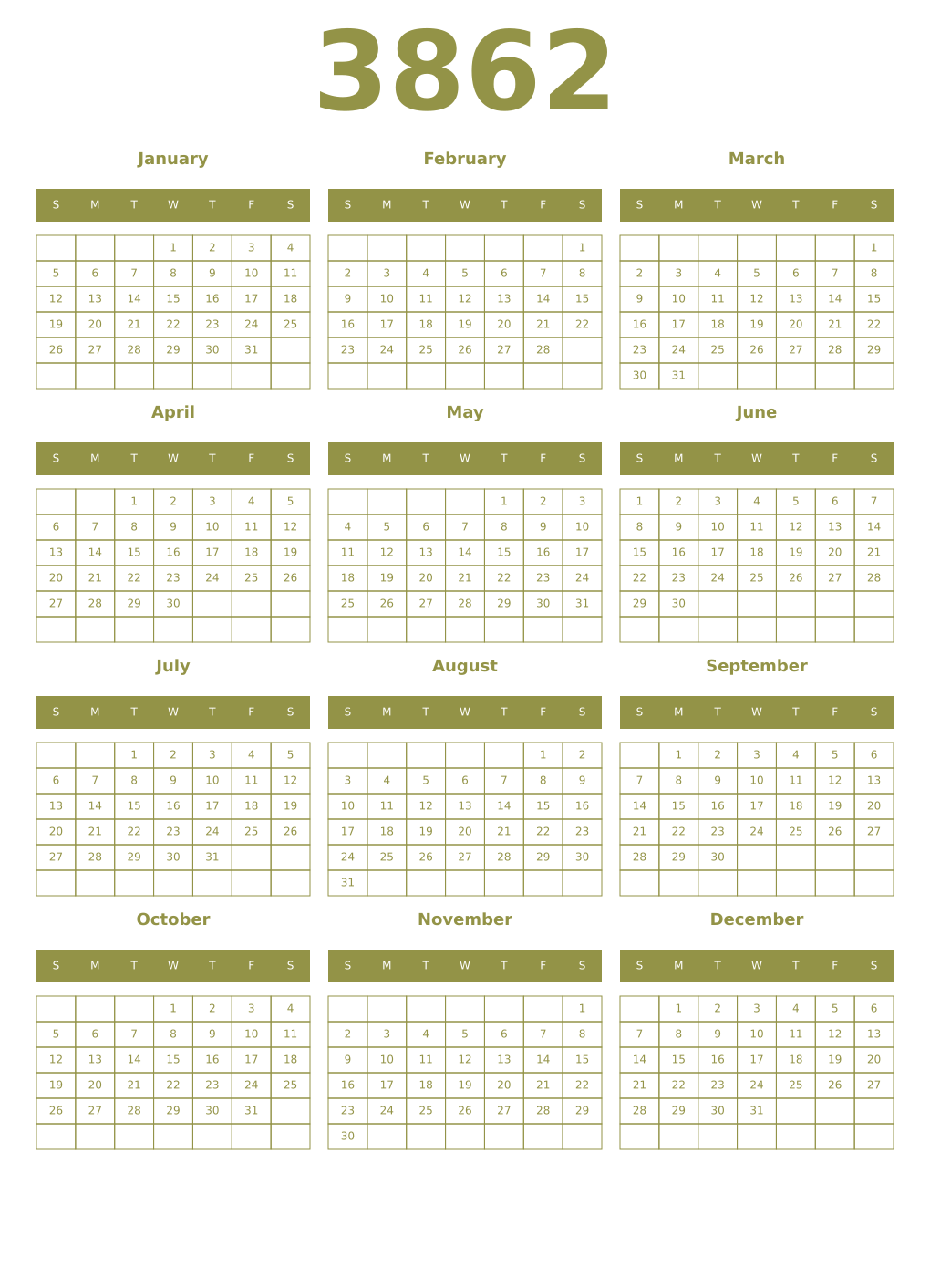 Printable 3862 Year Calendars eburnean