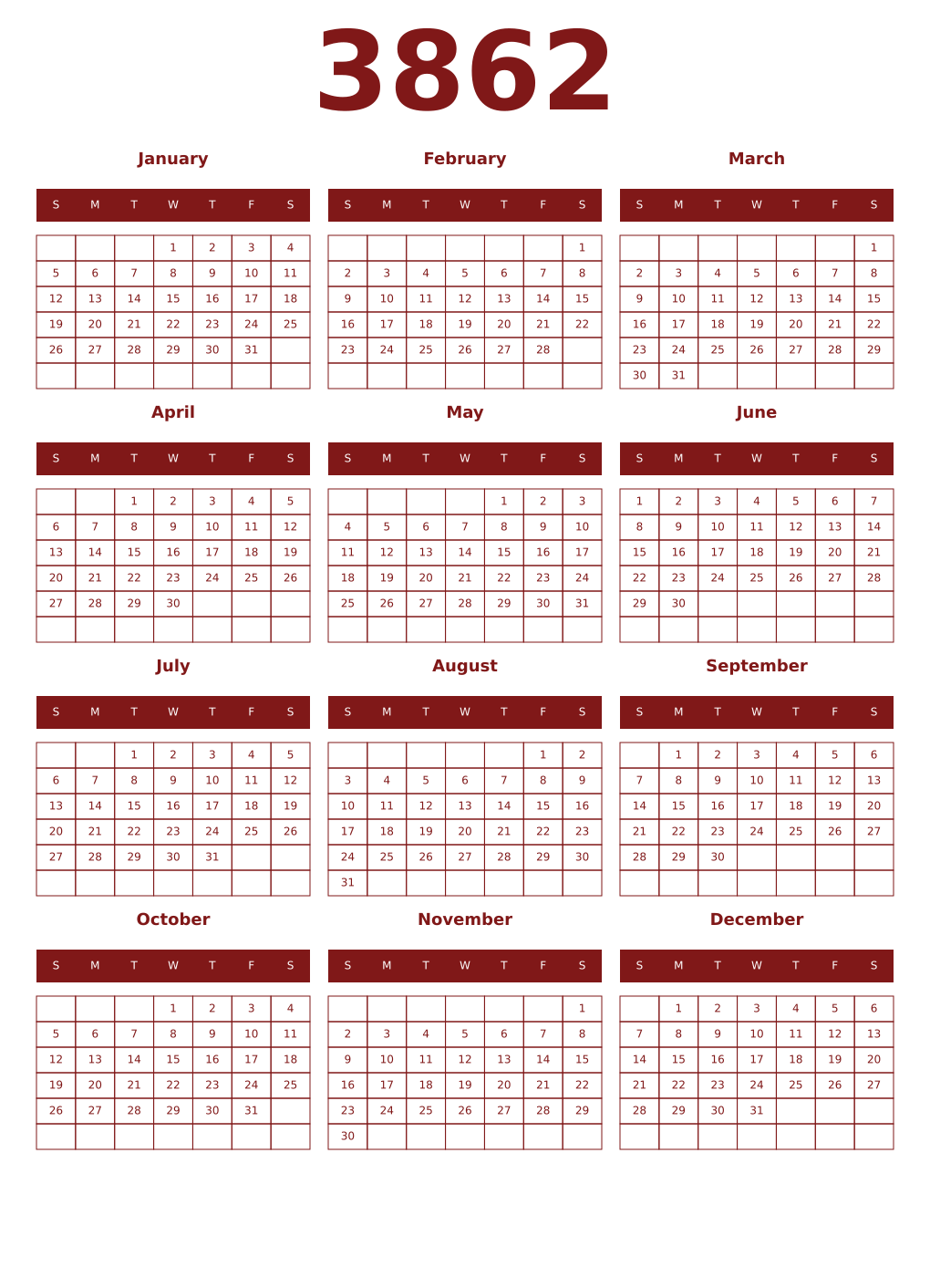 Printable 3862 Year Calendars falu