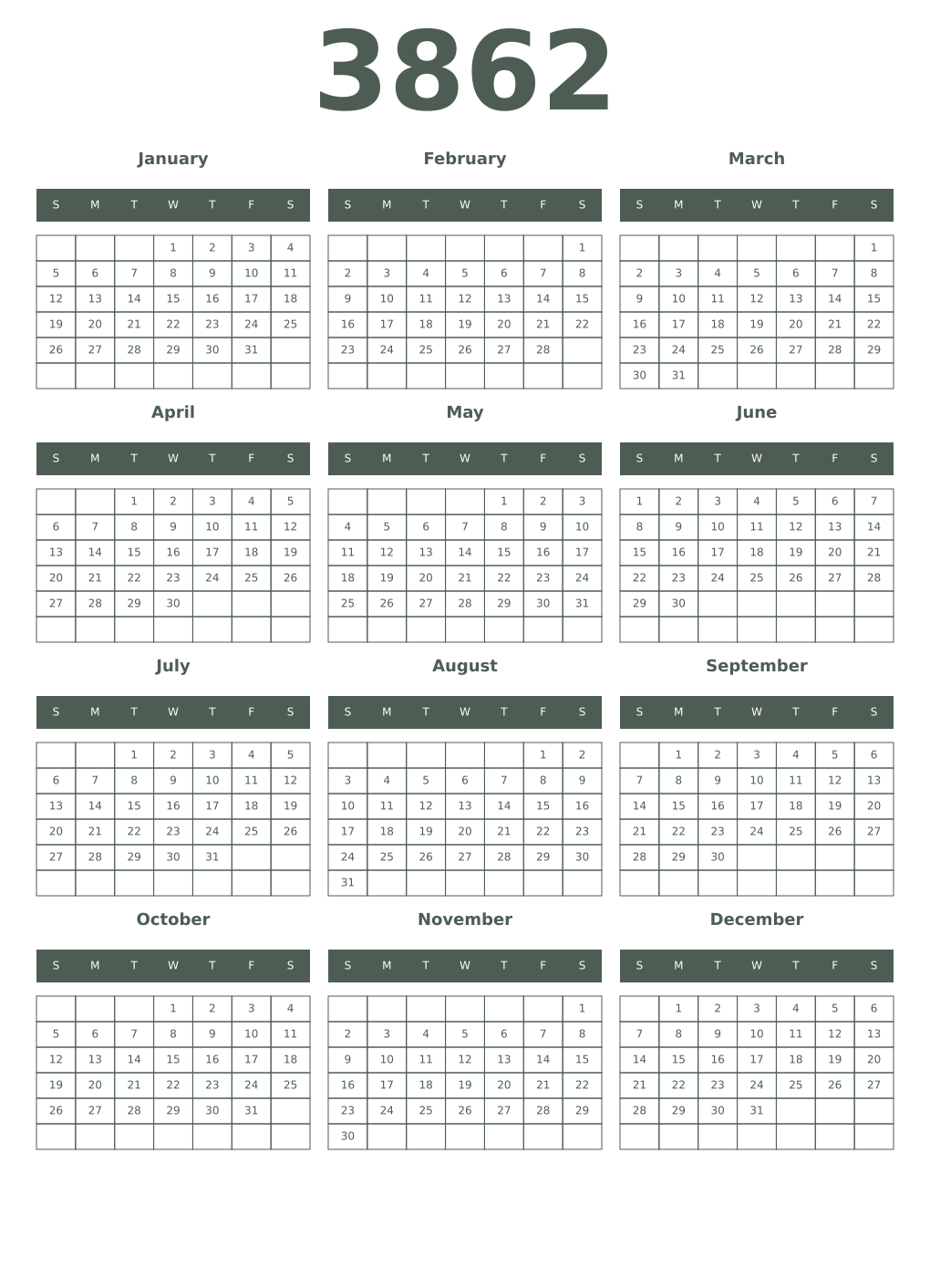 Printable 3862 Year Calendars feldgrau