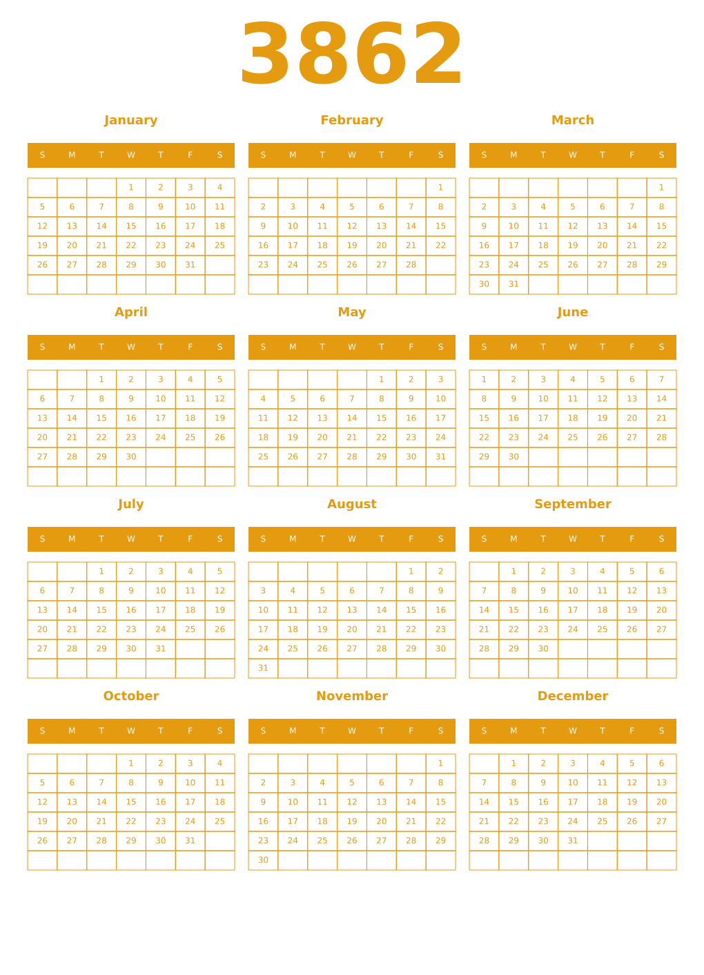 Printable 3862 Year Calendars gamboge