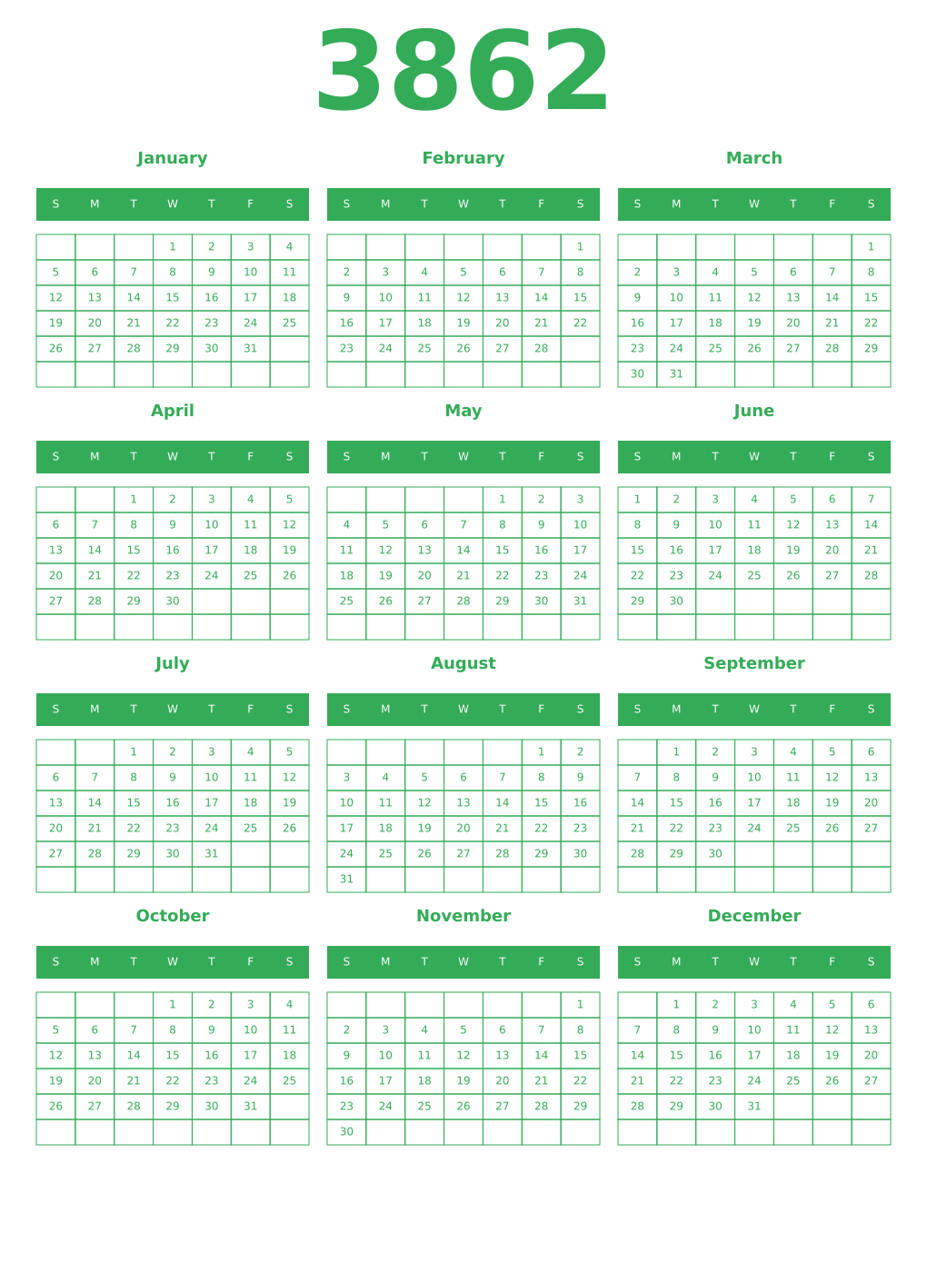 Printable 3862 Year Calendars green