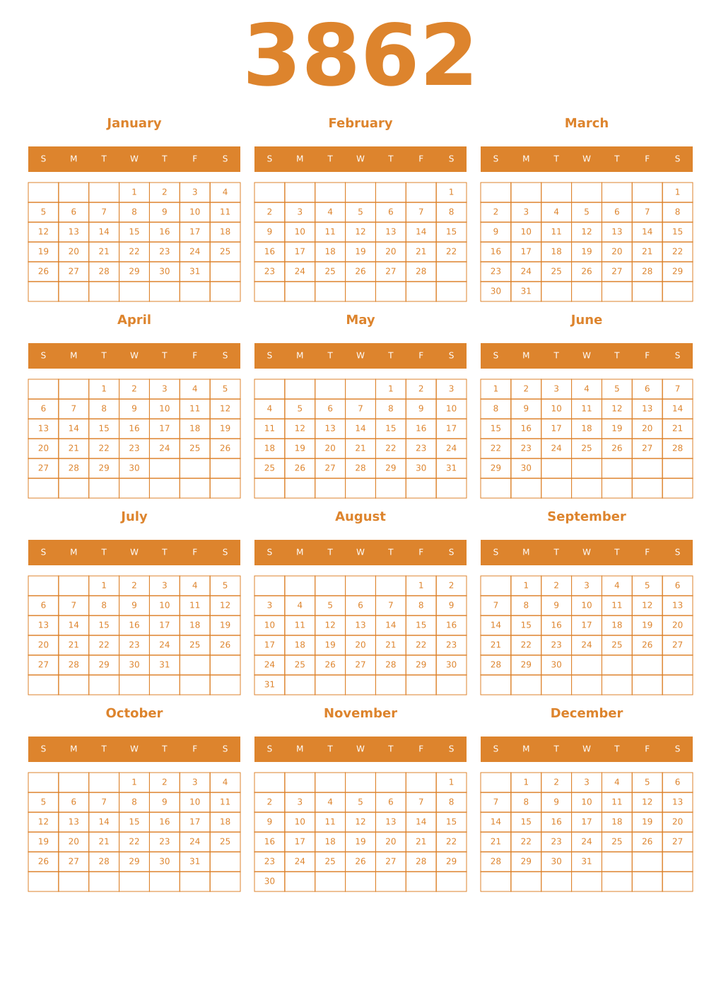 Printable 3862 Year Calendars orange