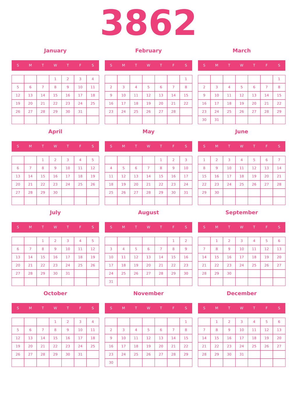 Printable 3862 Year Calendars pink