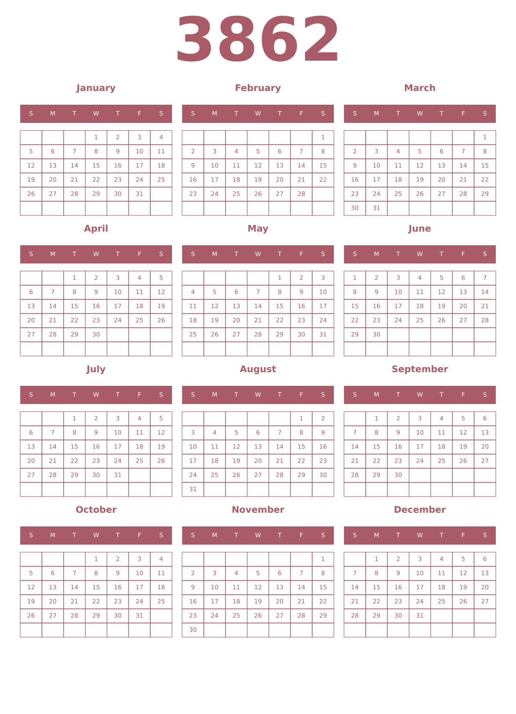 Printable 3862 Year Calendars puce