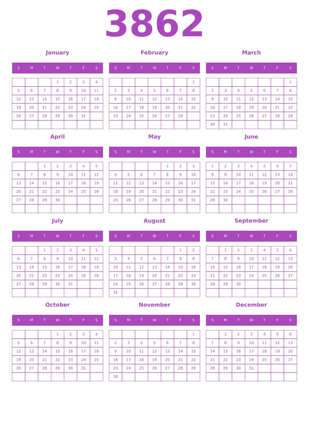 Printable 3862 Year Calendars purple