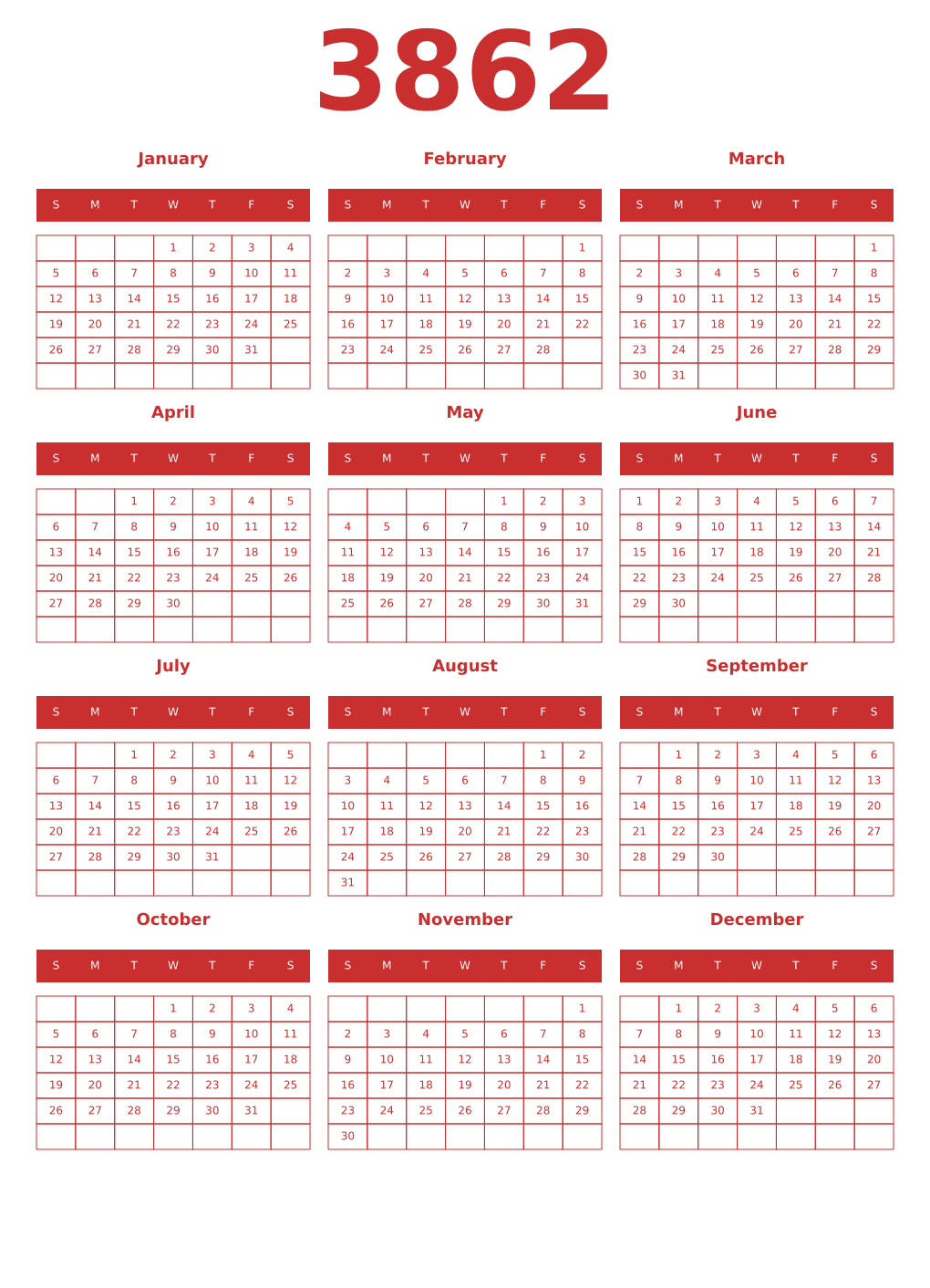 Printable 3862 Year Calendars red