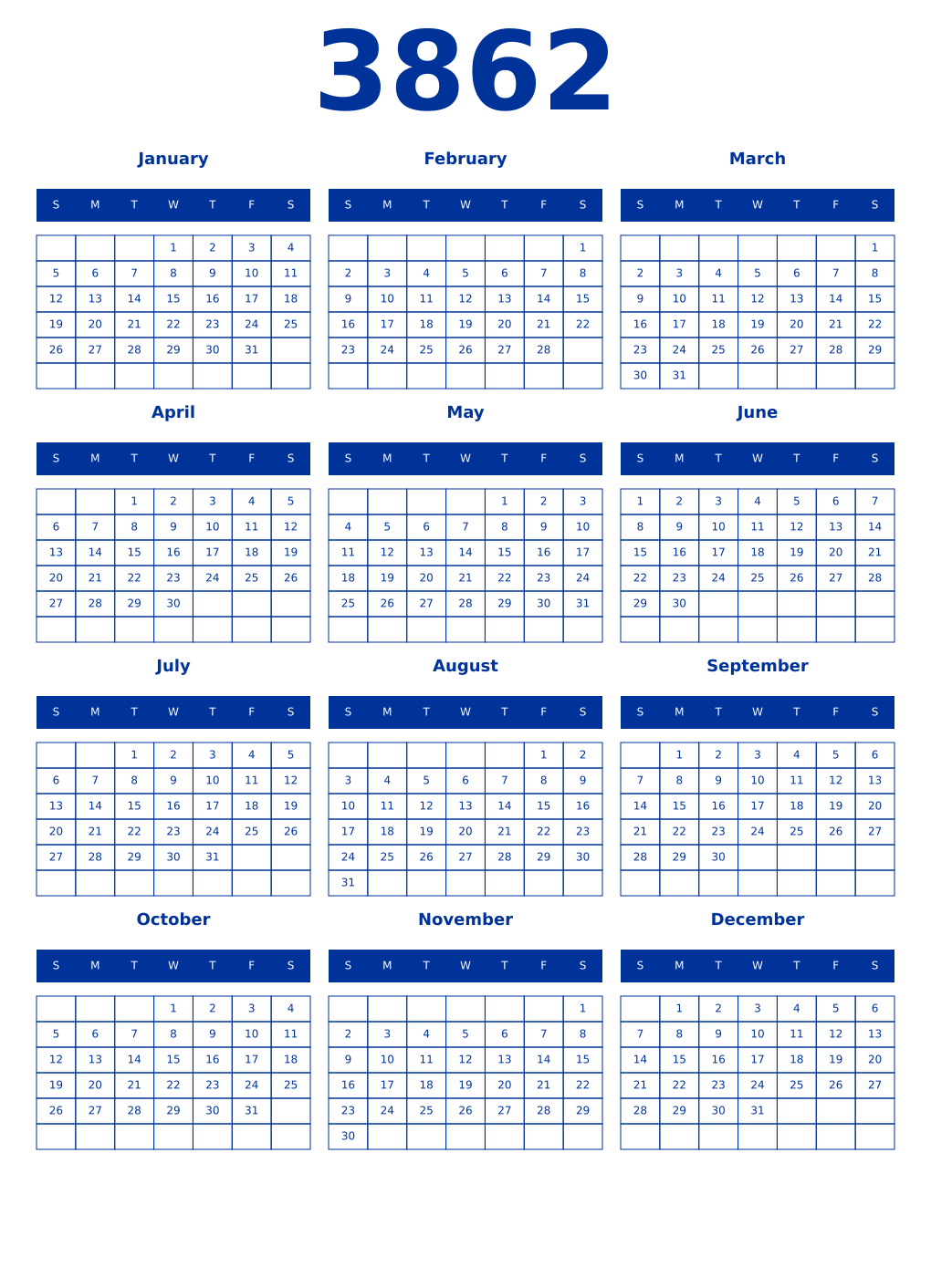 Printable 3862 Year Calendars smalt