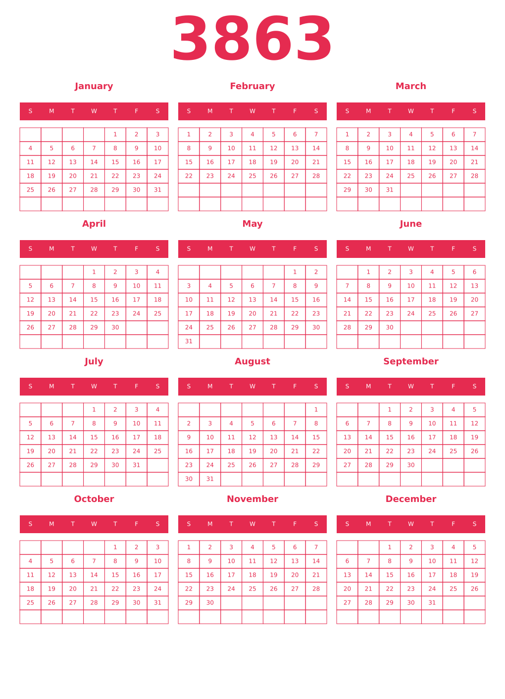 Printable 3863 Year Calendars amaranth