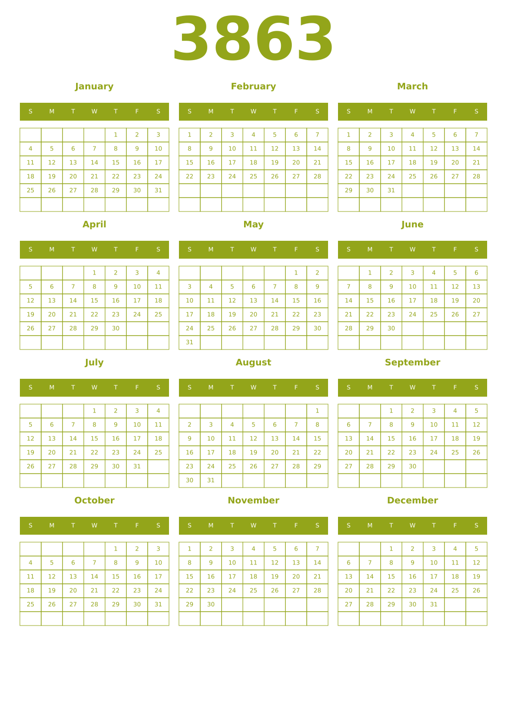 Printable 3863 Year Calendars chartreuse