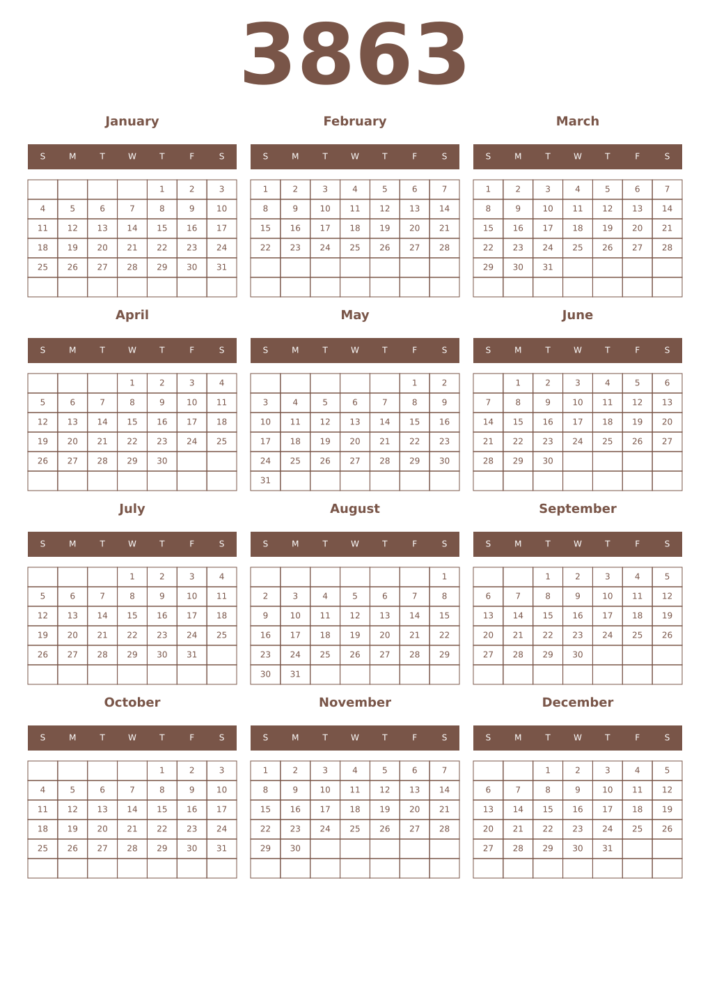 Printable 3863 Year Calendars coffe