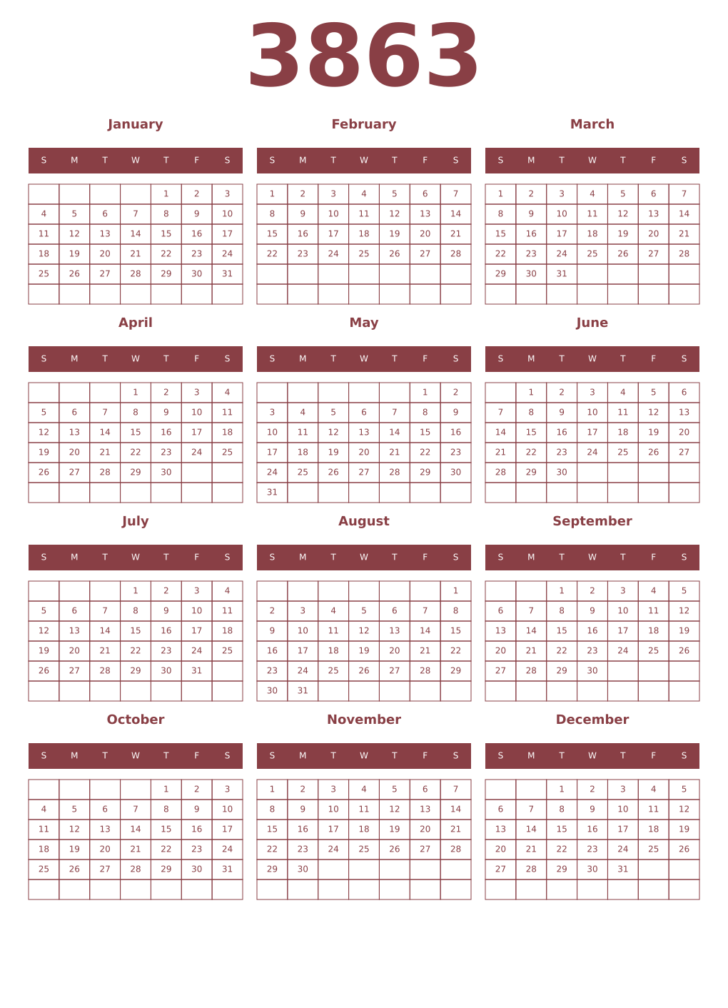 Printable 3863 Year Calendars cordovan