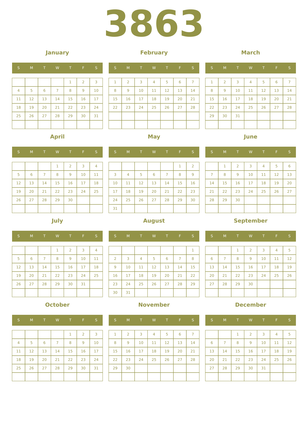 Printable 3863 Year Calendars eburnean