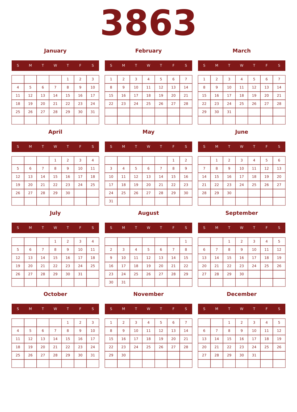 Printable 3863 Year Calendars falu