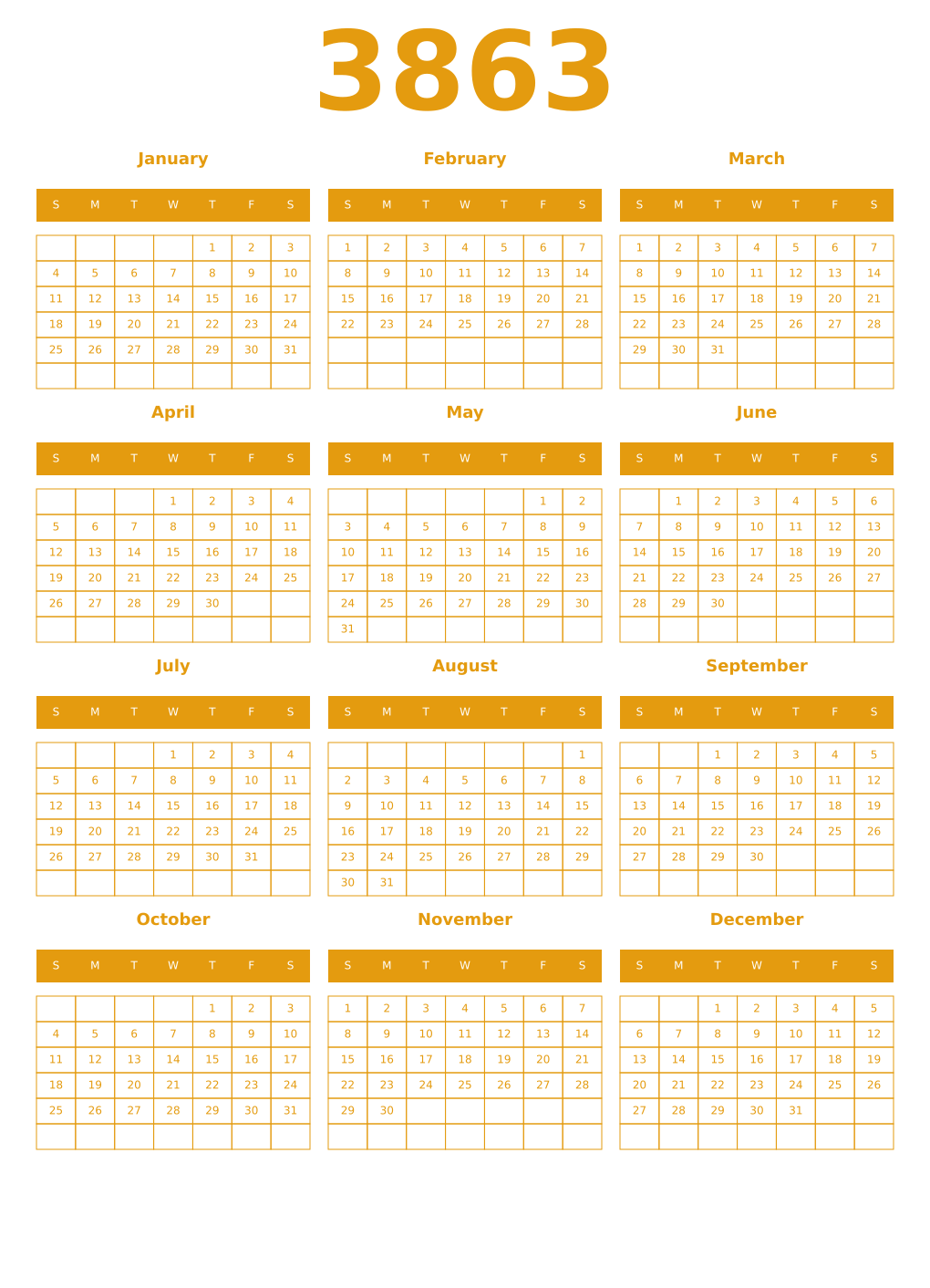 Printable 3863 Year Calendars gamboge
