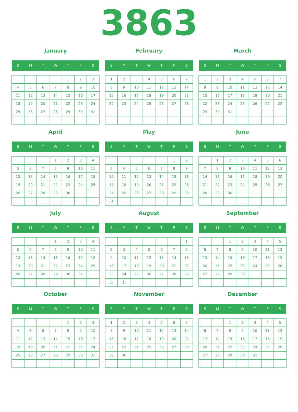 Printable 3863 Year Calendars green