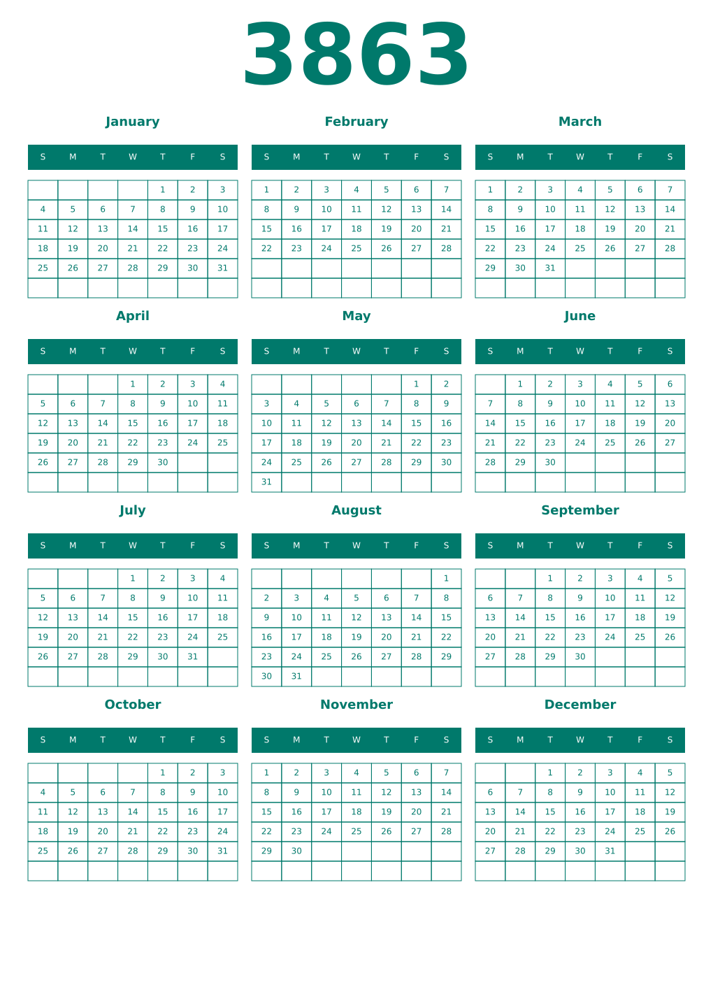 Printable 3863 Year Calendars pastel