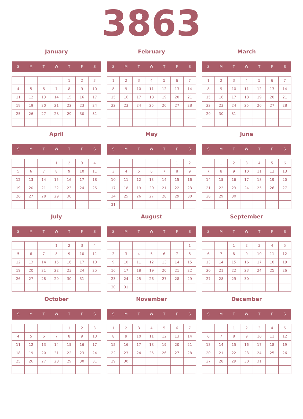 Printable 3863 Year Calendars puce