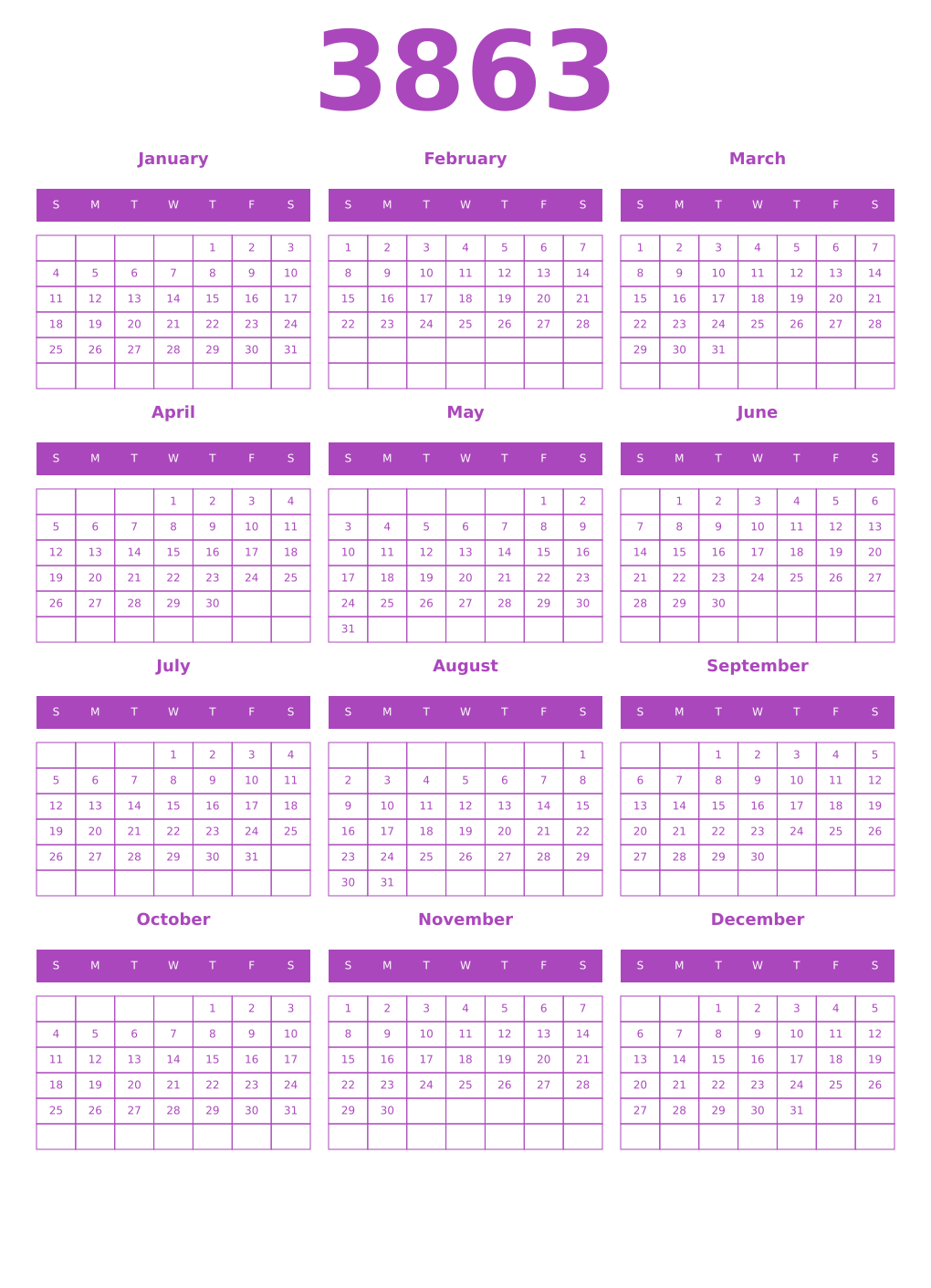 Printable 3863 Year Calendars purple
