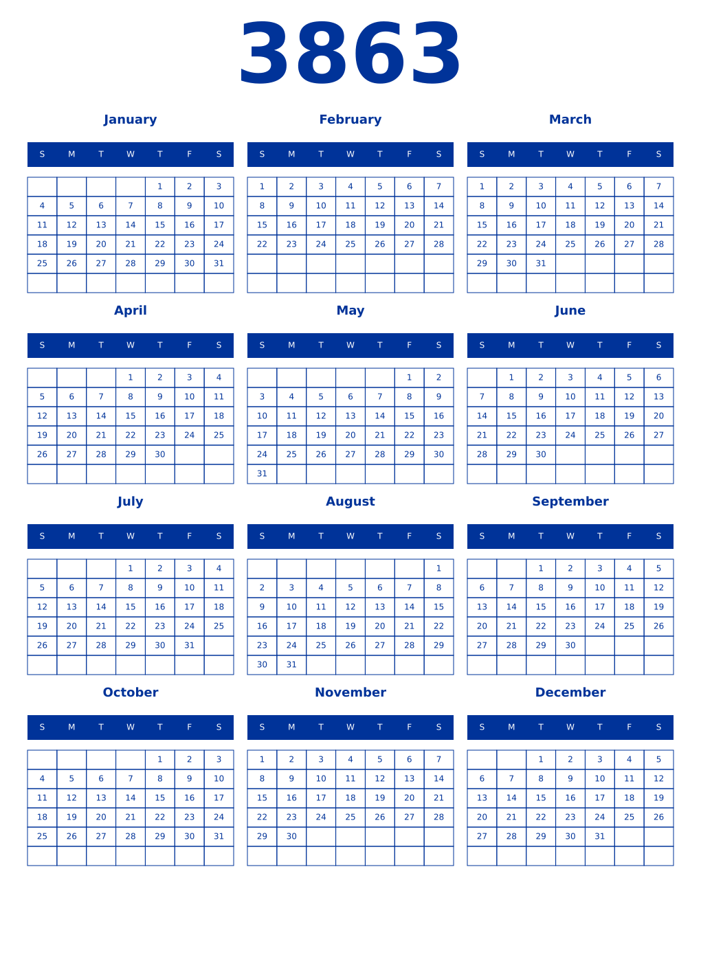 Printable 3863 Year Calendars smalt