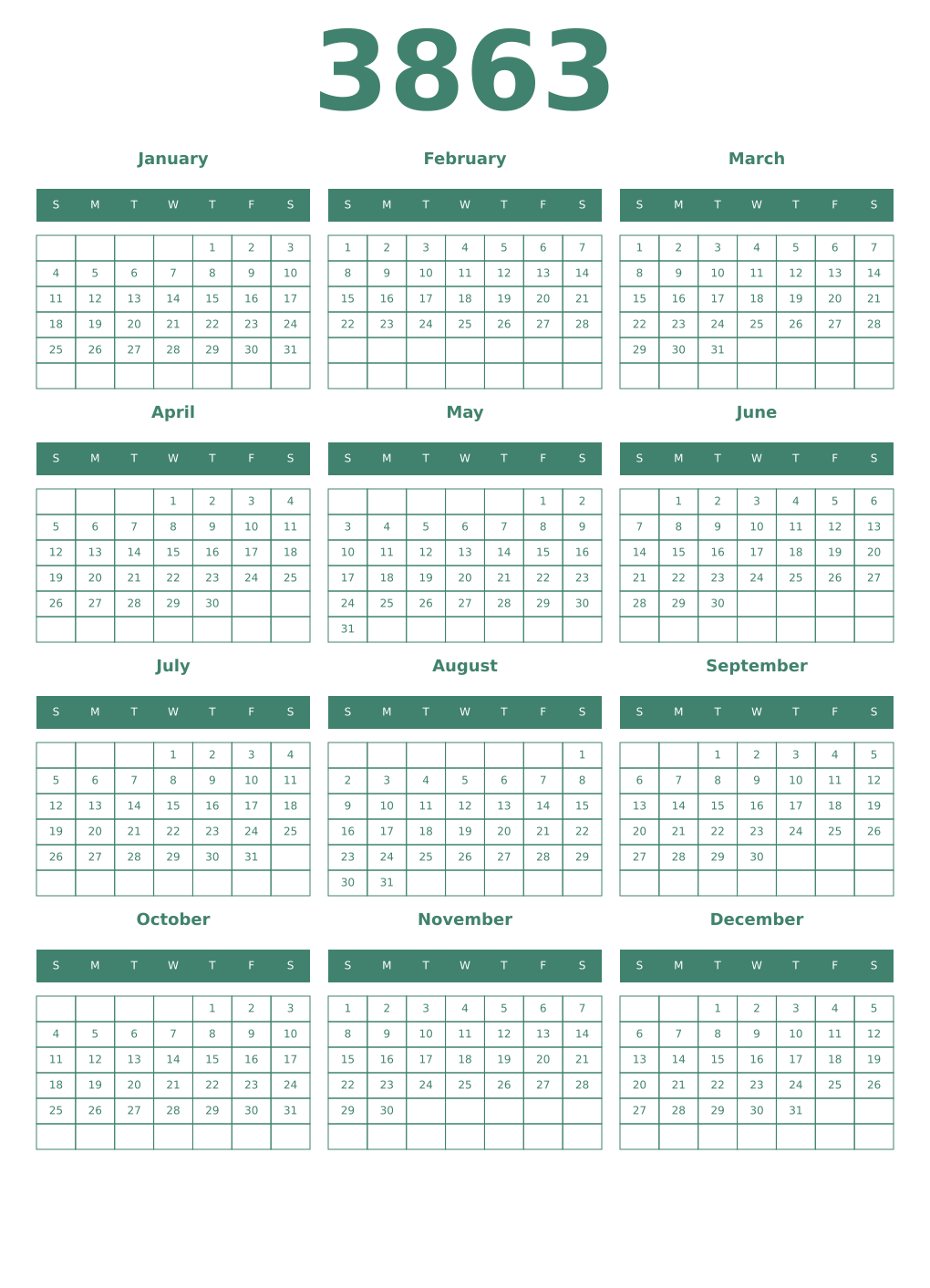 Printable 3863 Year Calendars viridian