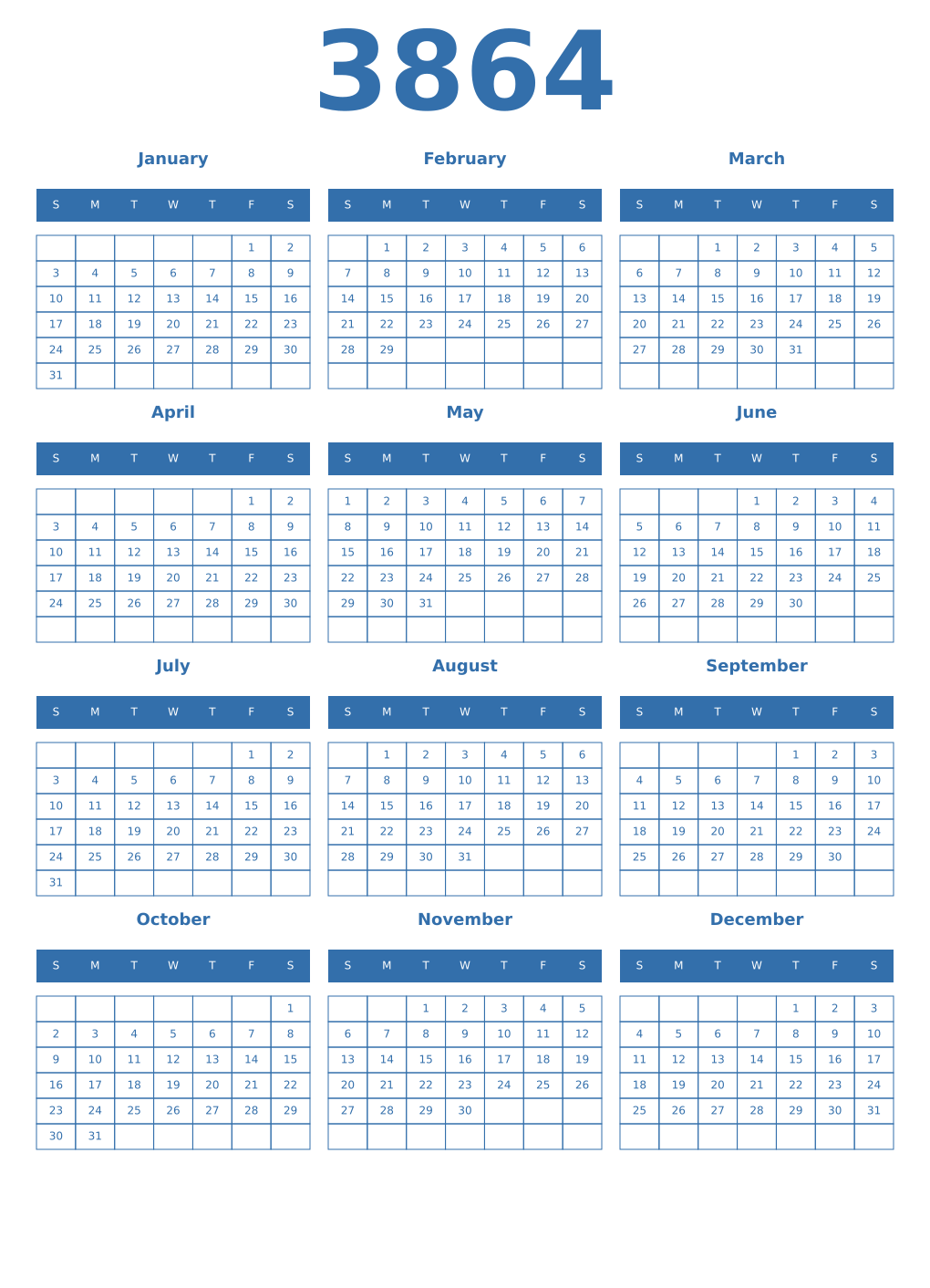 Printable 3864 Year Calendars blue