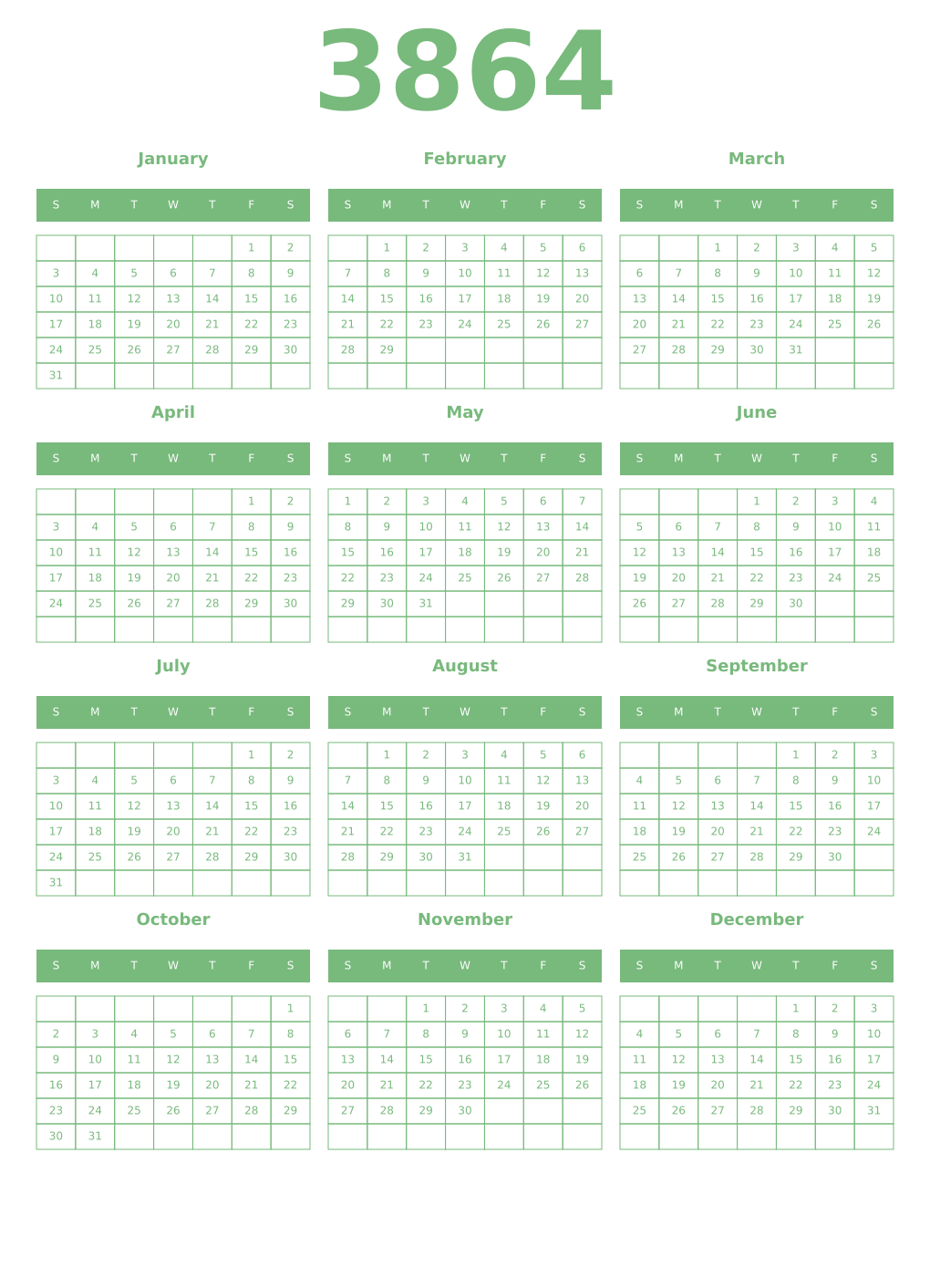 Printable 3864 Year Calendars celadon