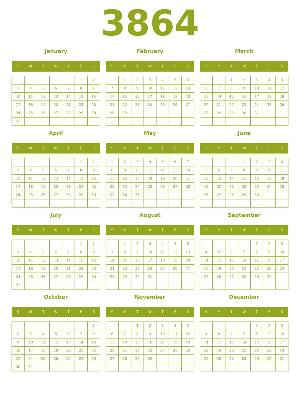 Printable 3864 Year Calendars chartreuse