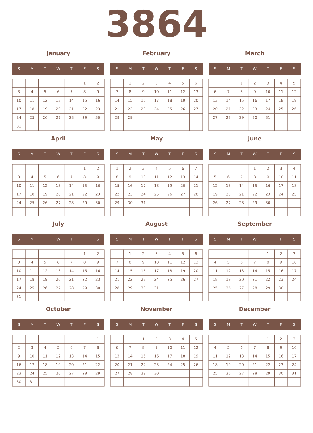 Printable 3864 Year Calendars coffe