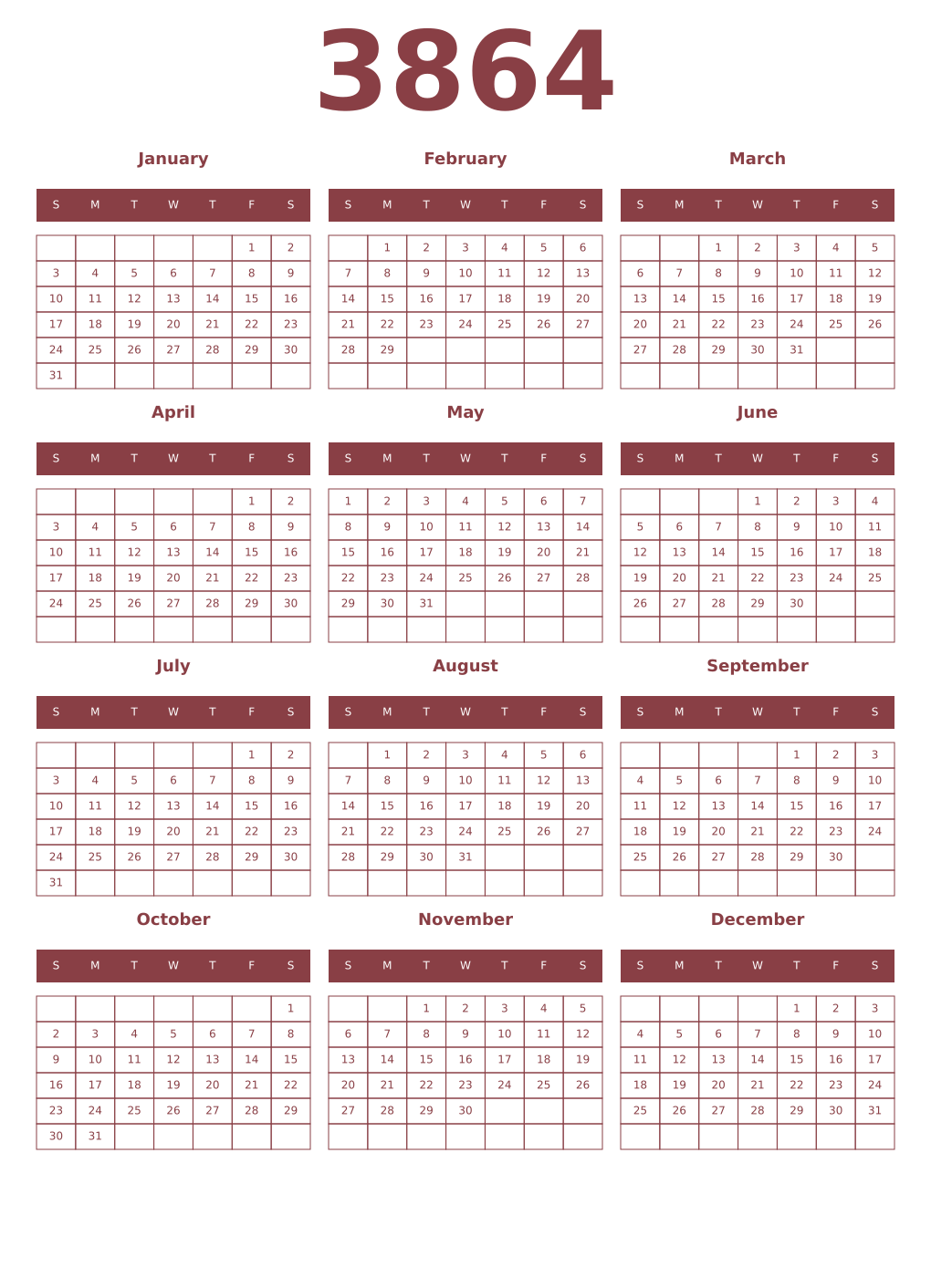 Printable 3864 Year Calendars cordovan
