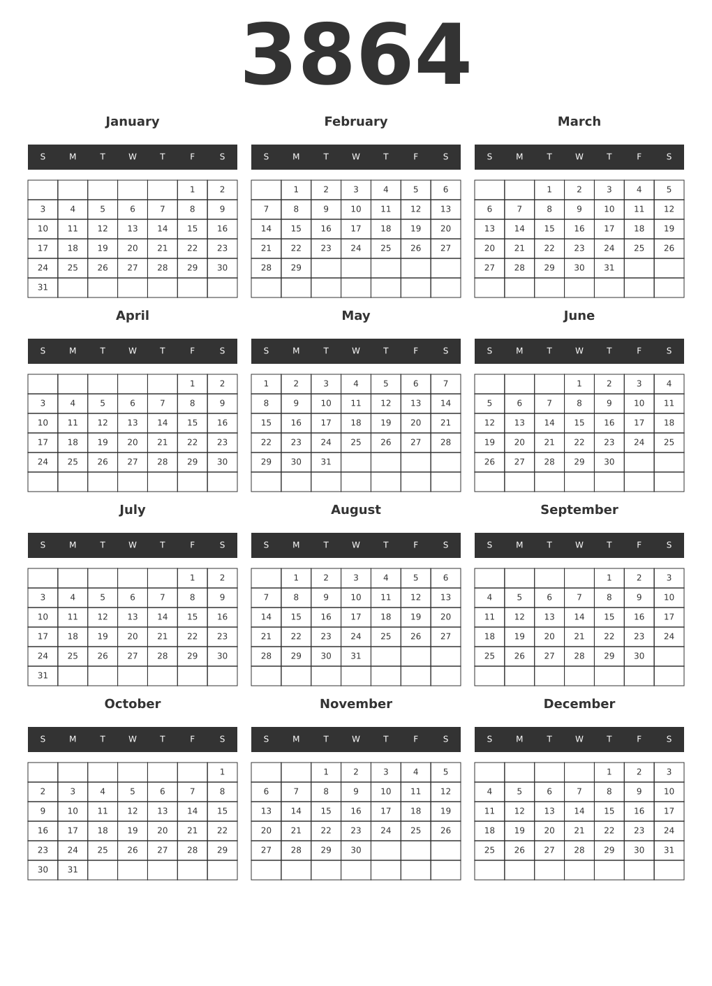Printable 3864 Year Calendars dark